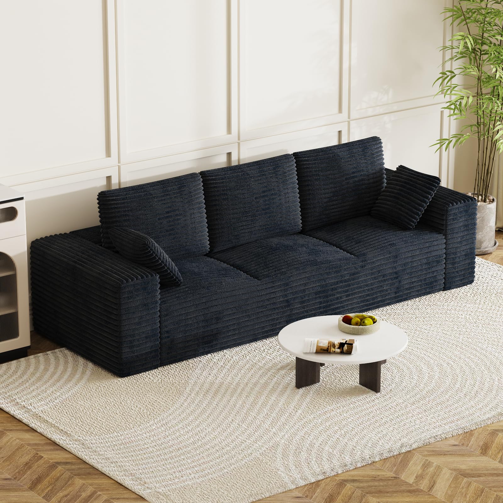 Corduroy Cloud Modular Sectional Couch, Boneless Memory Foam Sectional Sofa, Comfy L-Shaped Compression Couches with Chaise for Living Room, No Assembly Required (Black, 3-Seater)