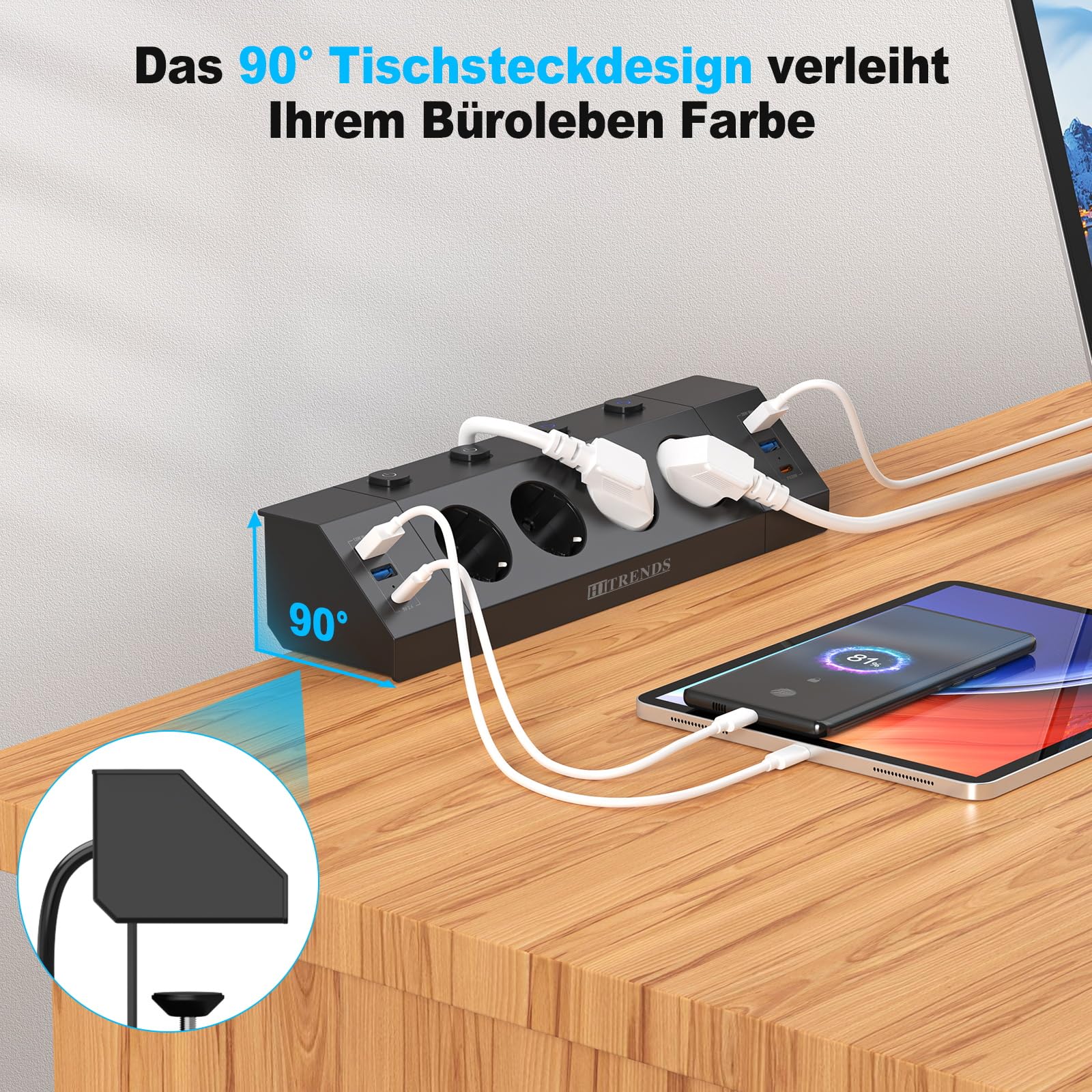 Gniazdko biurkowe z USB C PD 20W, listwa zasilająca z 4 pojedynczymi przełącznikami, 4-krotne gniazdko narożne z 6 USB, płaska wtyczka wielogniazdko montaż ścienny z kablem 2M, czarne