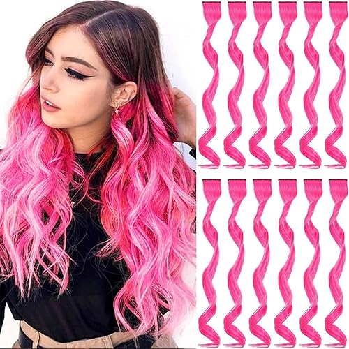 Miniatura 1 de 12 extensiones de cabello con clip, color rosa intenso, extensiones rizadas y onduladas de color para niños y niñas, extensión sintética con