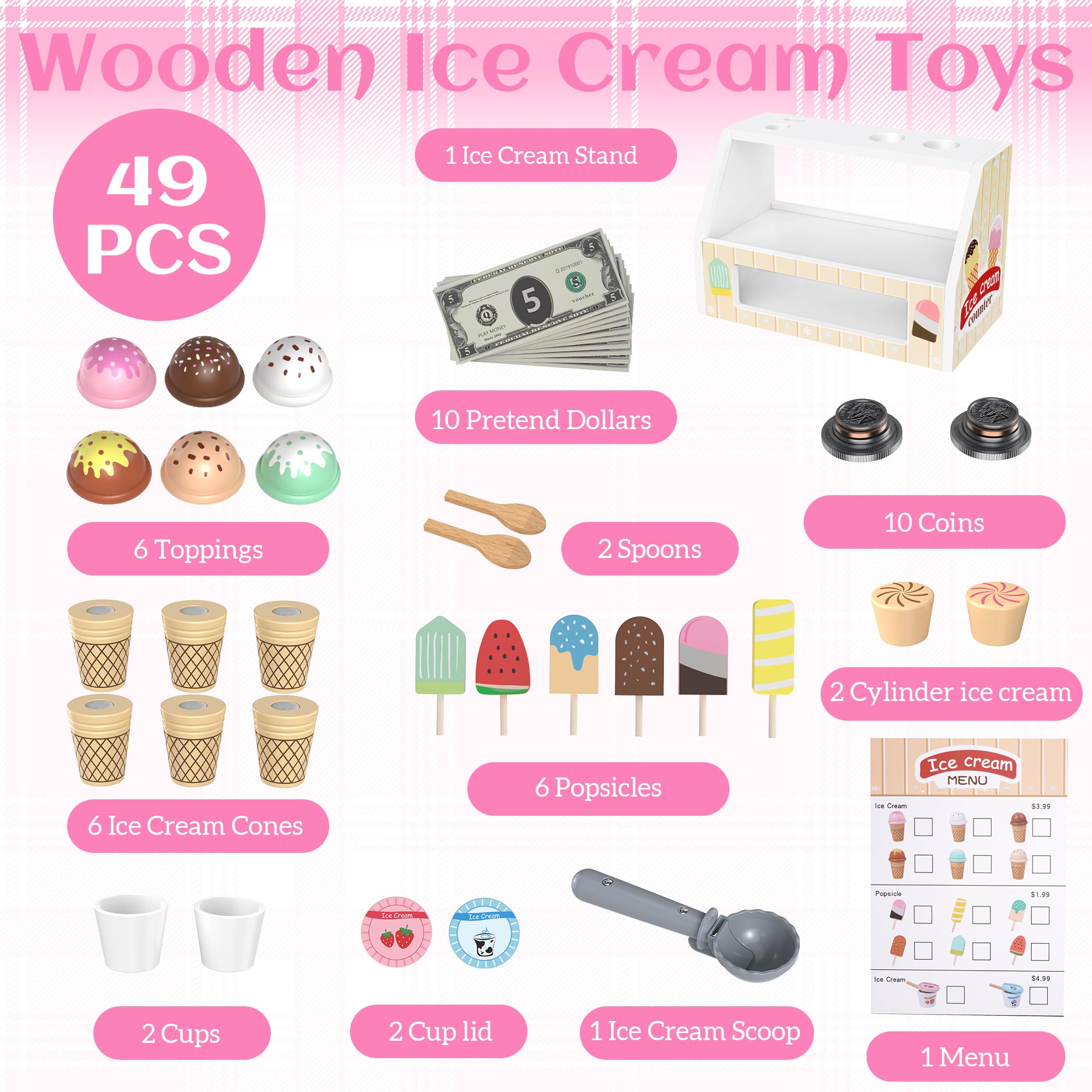 Gelateria giocattoli in legno per bambini da 3 4 5 6 anni ragazzi ragazze, accessori da cucina per bambini, negozio per la spesa, accessori da cucina da gioco in legno