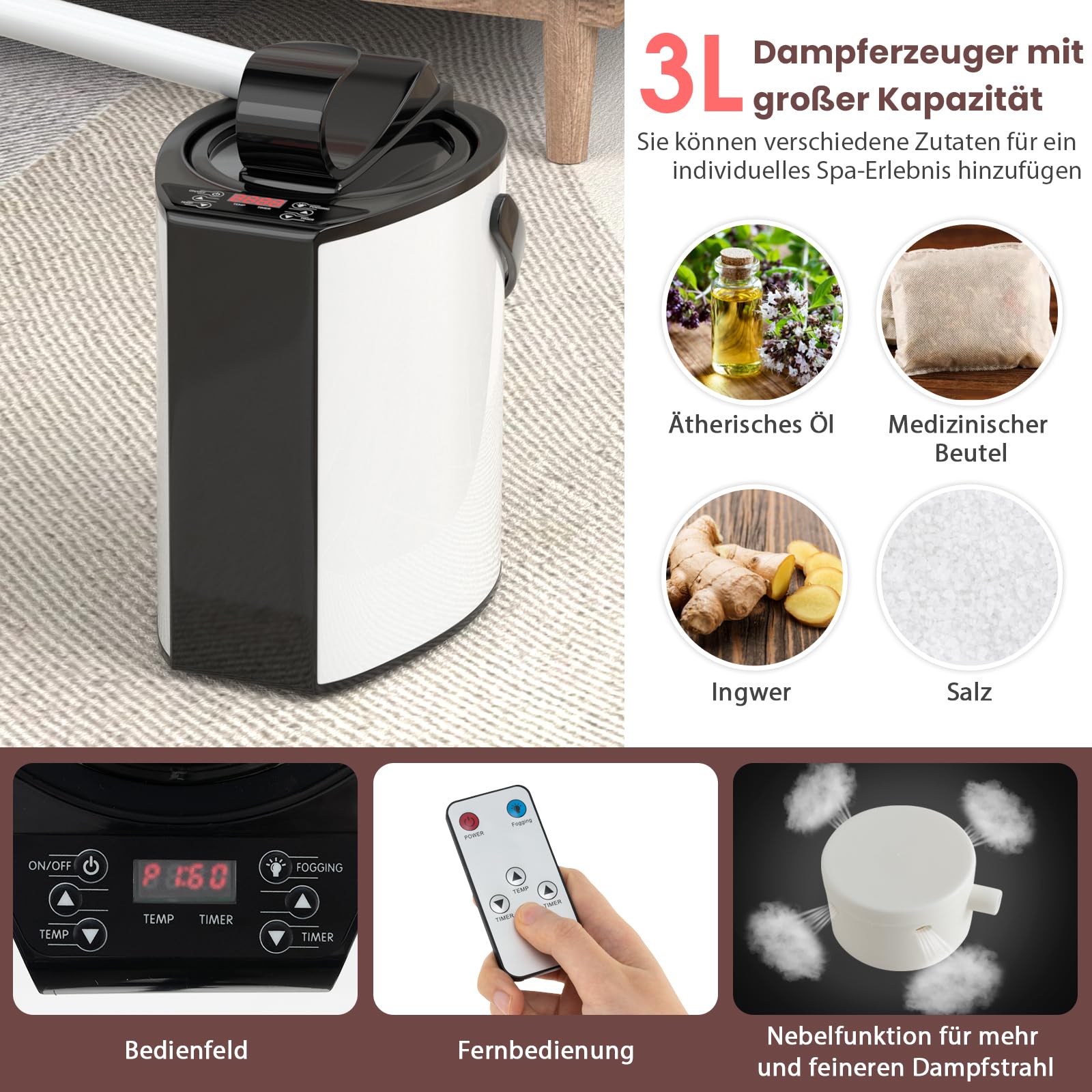 RELAX4LIFE Mobile Dampfsauna 3L, Heimsauna mit Fernbedienung&Saunastuhl, Sitzsauna mit 9 Temperaturstufen, Timer&Vernebelungsfunktion, Mini Sauna 1000W Verdampfer, Saunakabine 91x91x183cm (Kaffee)