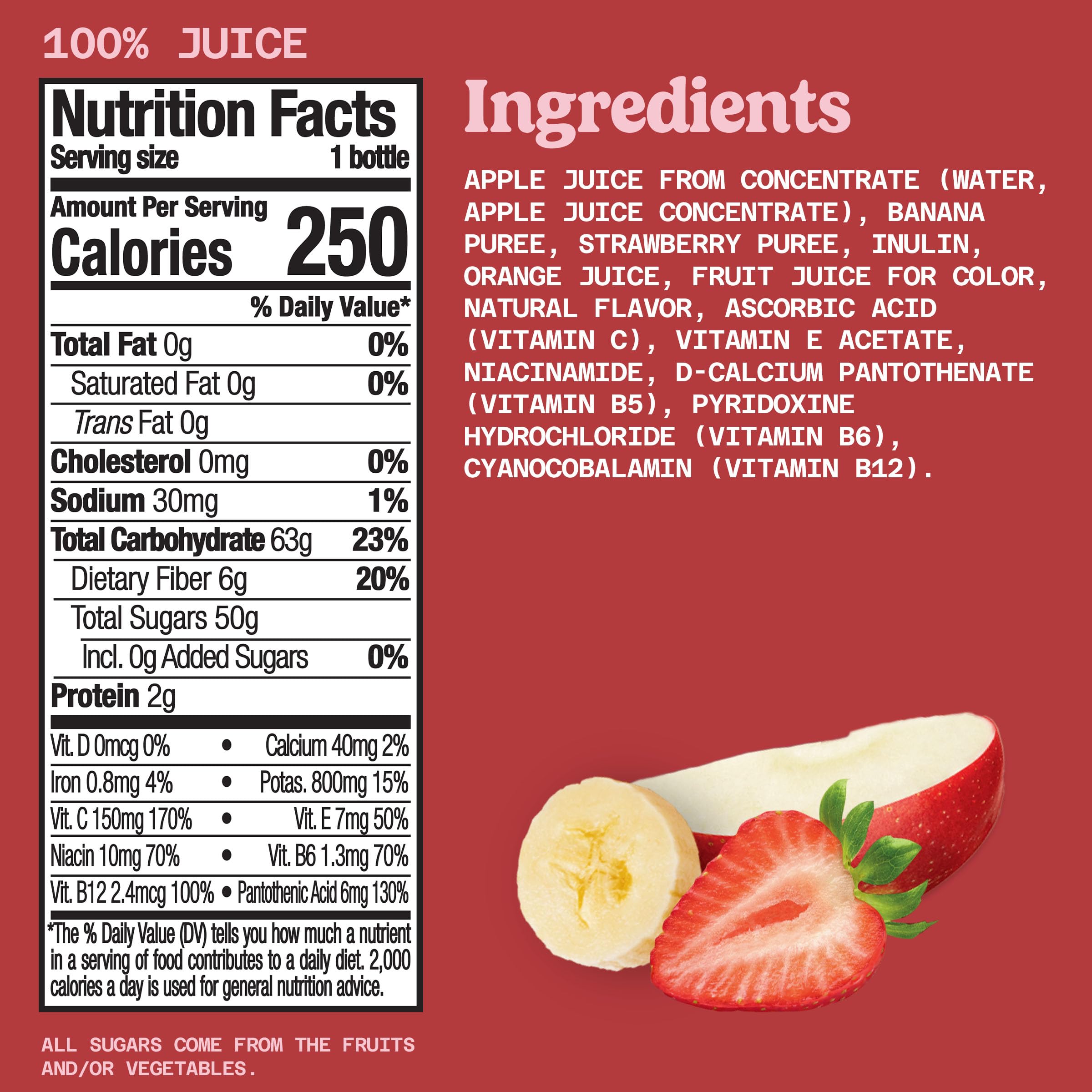 Naked Boosted Smoothie Strawberry Banana Machine, 15.2 fl oz Bottle - Real Fruit Juice Smoothie with Fiber, Excellent Source of Vitamin C and Vitamin E for Immune Support