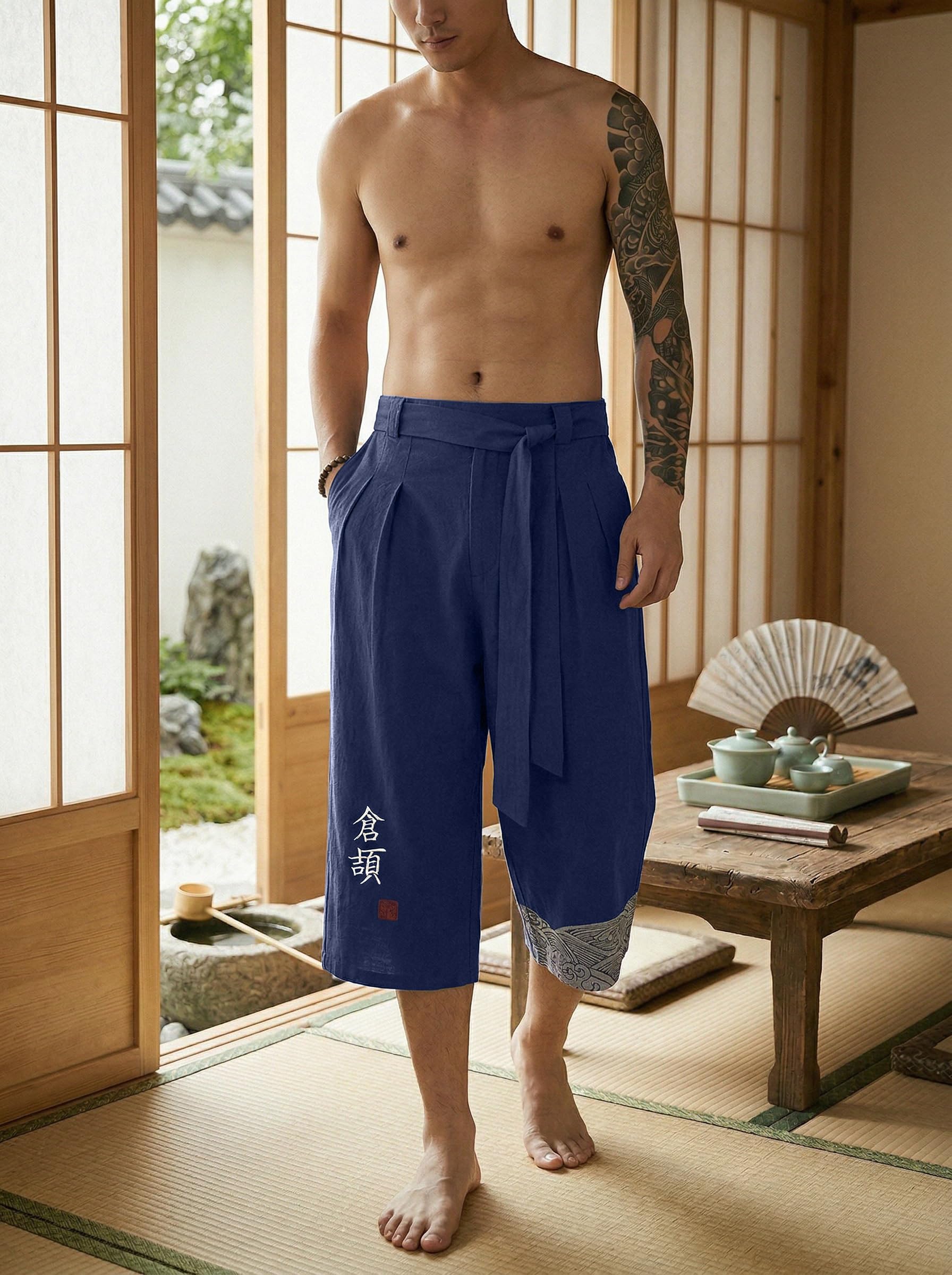 YAOBAOLE Pantalon Japonais Homme Pantalon Court Taro pour Hommes en Lin Vêtements Traditionnels Japonais avec Cordon de Serrage