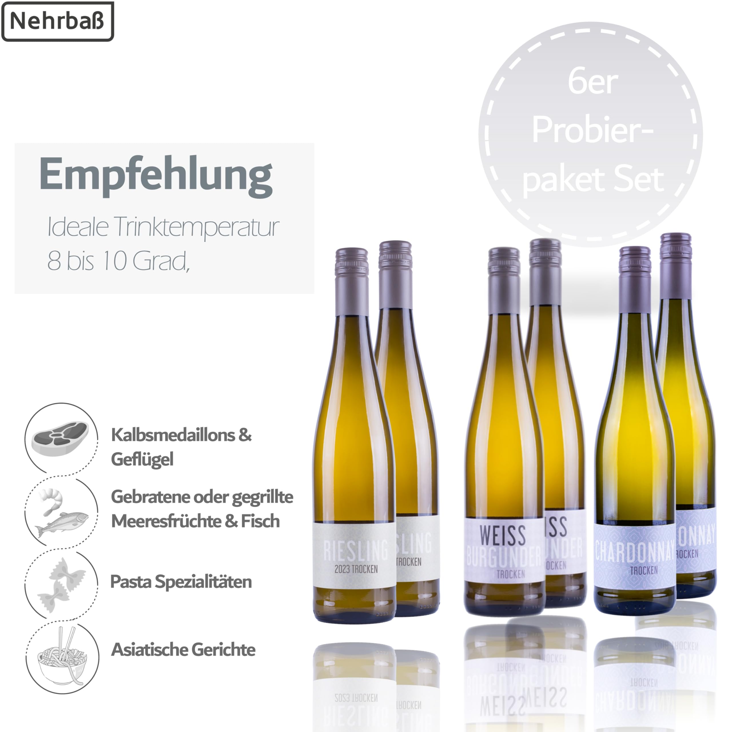 Nehrbaß - Weißwein trocken - Probierpaket 6 x 0,75 Liter aus: 2 x Riesling 2023, 2 x Weißburgunder 2022, 2 x Chardonnay 2024 - Qualitätswein - Vegan - Aus Deutschland (Rheinhessen)