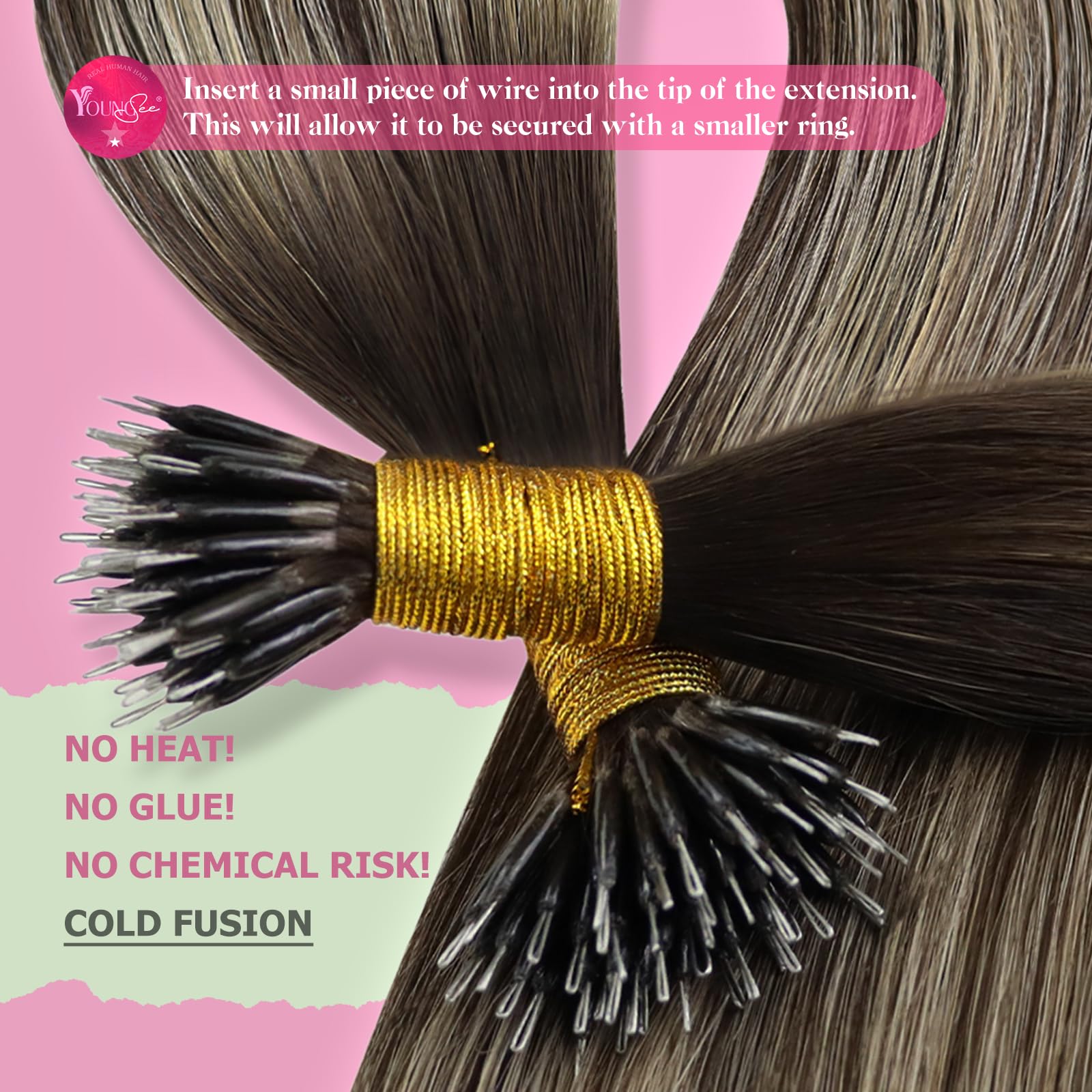 YoungSee Nano Link Hair Extensions Real Human Hair Balayage Dark Brown with Ash Blonde Nano Ring Hair Extensions Brown Human Hair Extension Nanobead Ombre Cold Fusion 20 Inch 1g/strands 50g