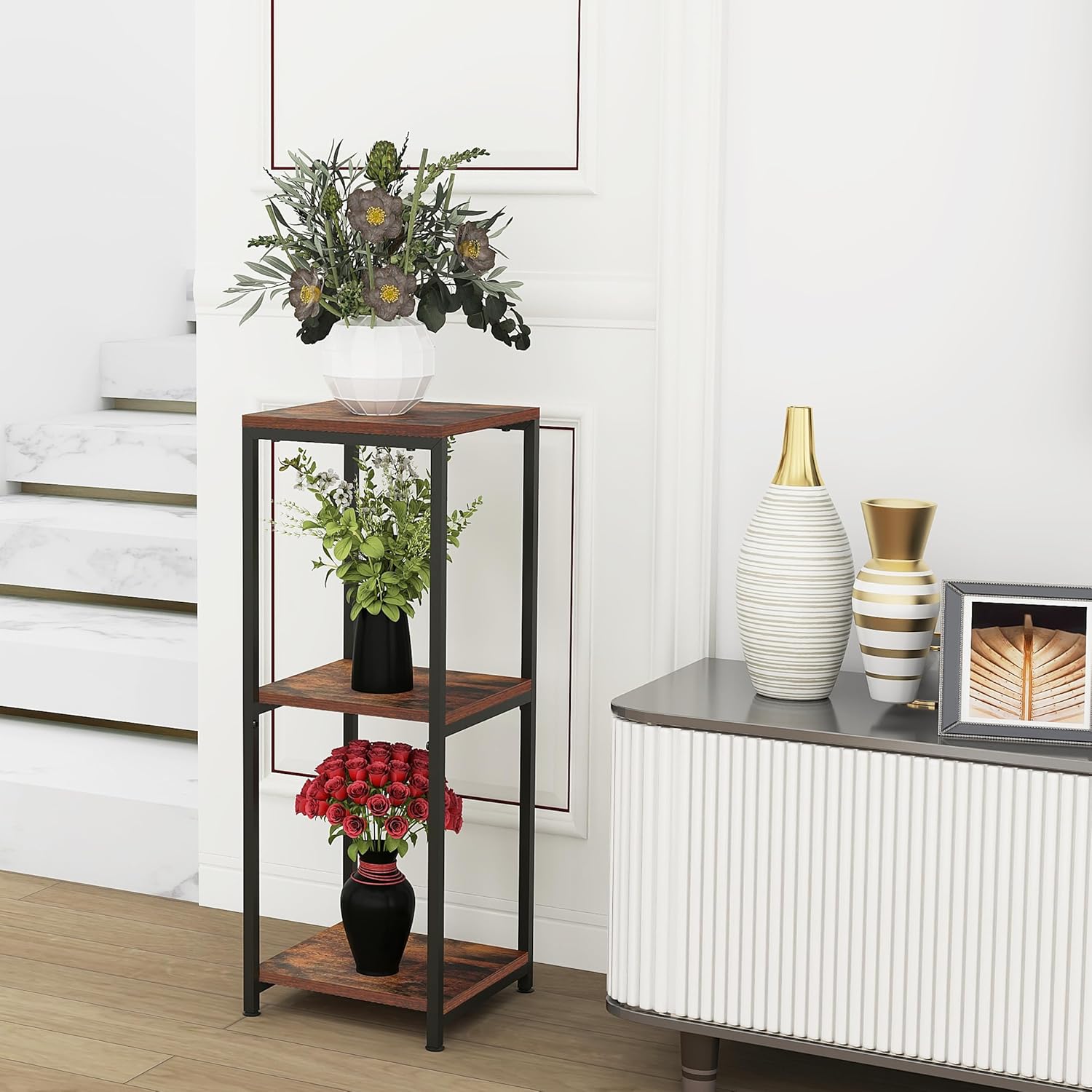 CASIMR Plant Stand for Indoor, Tall Metal Shelf with Square Wooden Board, 3 Tier Display Rack for Multiple Plants, 32 Inch Tiered Flower Pot Holder for Corner Living Room Balcony Garden Patio,