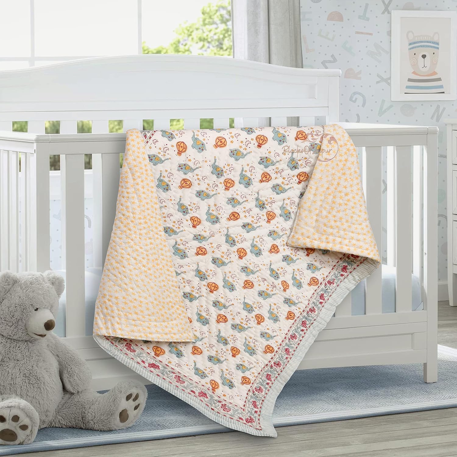 Ahnef Furnishing Baby Quilt Soft Organic 100% Cotton| Ac Blanket Comforter | Jaipuri Razai Comfortable Baby Quilt 100 * 150cm | 0-5 Years (Gray Elephant)-image-23