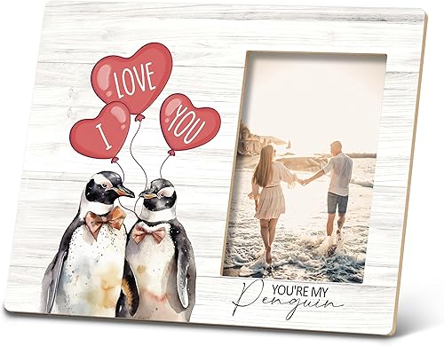 Marco de fotos de pingüinos para el día de San Valentín, marco de fotos de pingüino de 10 x 8 pulgadas, marcos de fotos de amor de pingüinos para