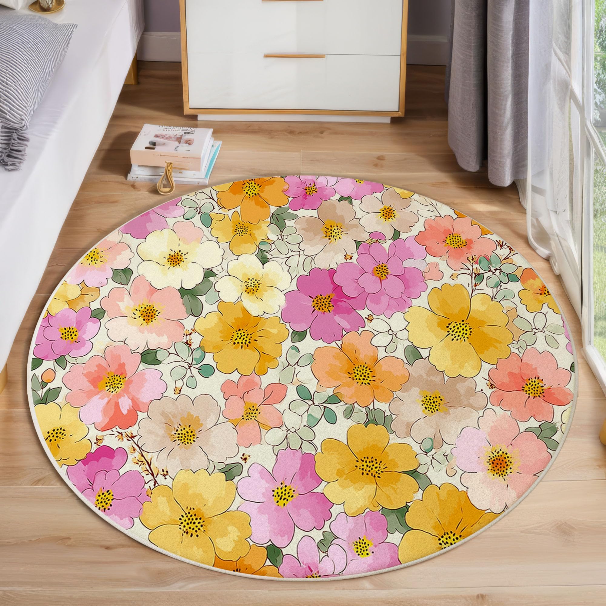 Tapis fleurs aquarelle salon grand format lavable cuisine chambre 60cm