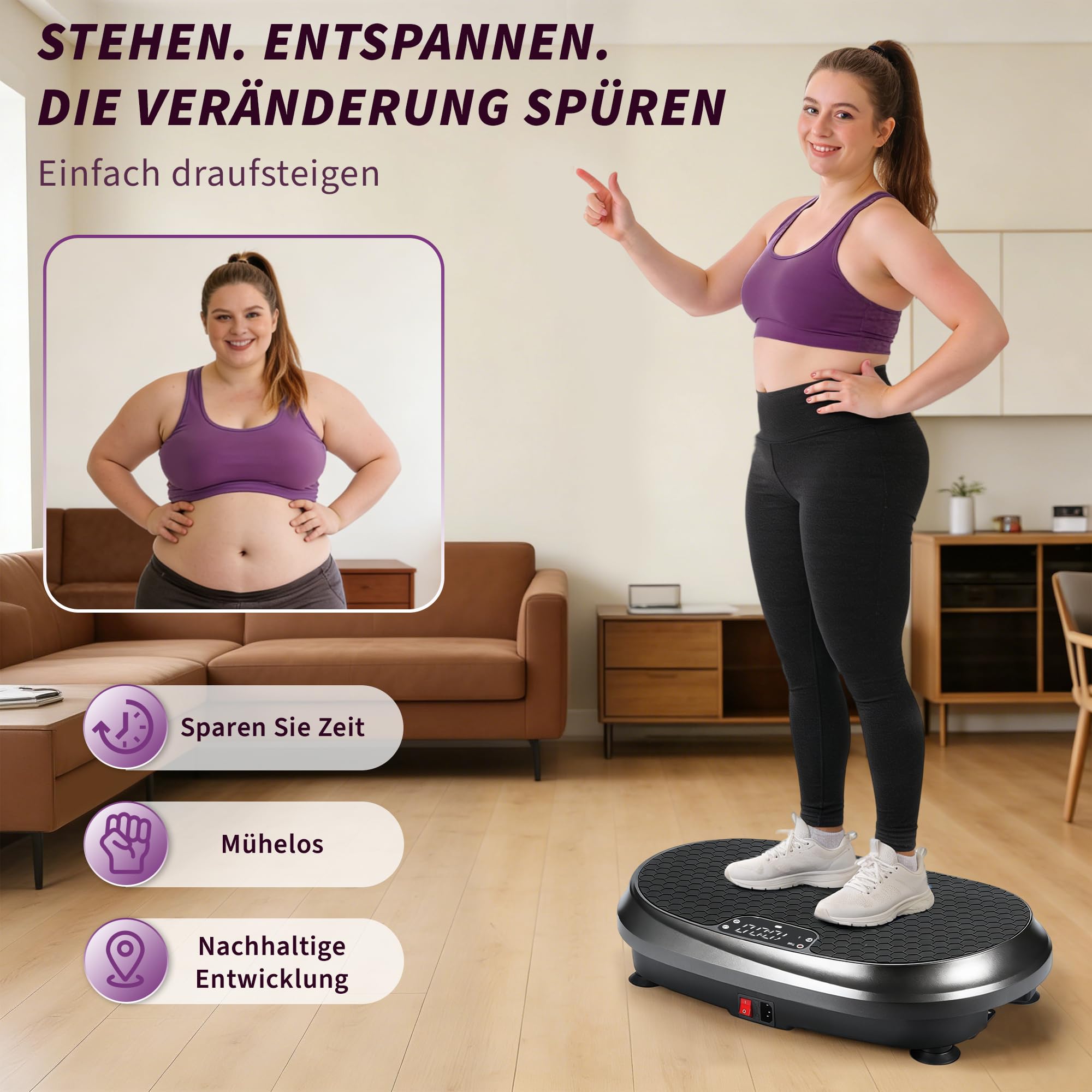 Vibrationsplatte - Vibration Plate Rüttelplatte Sport für Zuhause | Hohe Stabilität Rutschfeste Fußpads Leiser Betrieb Fernbedienung Widerstandsbänder 9 automatische Programme LED-Anzeige