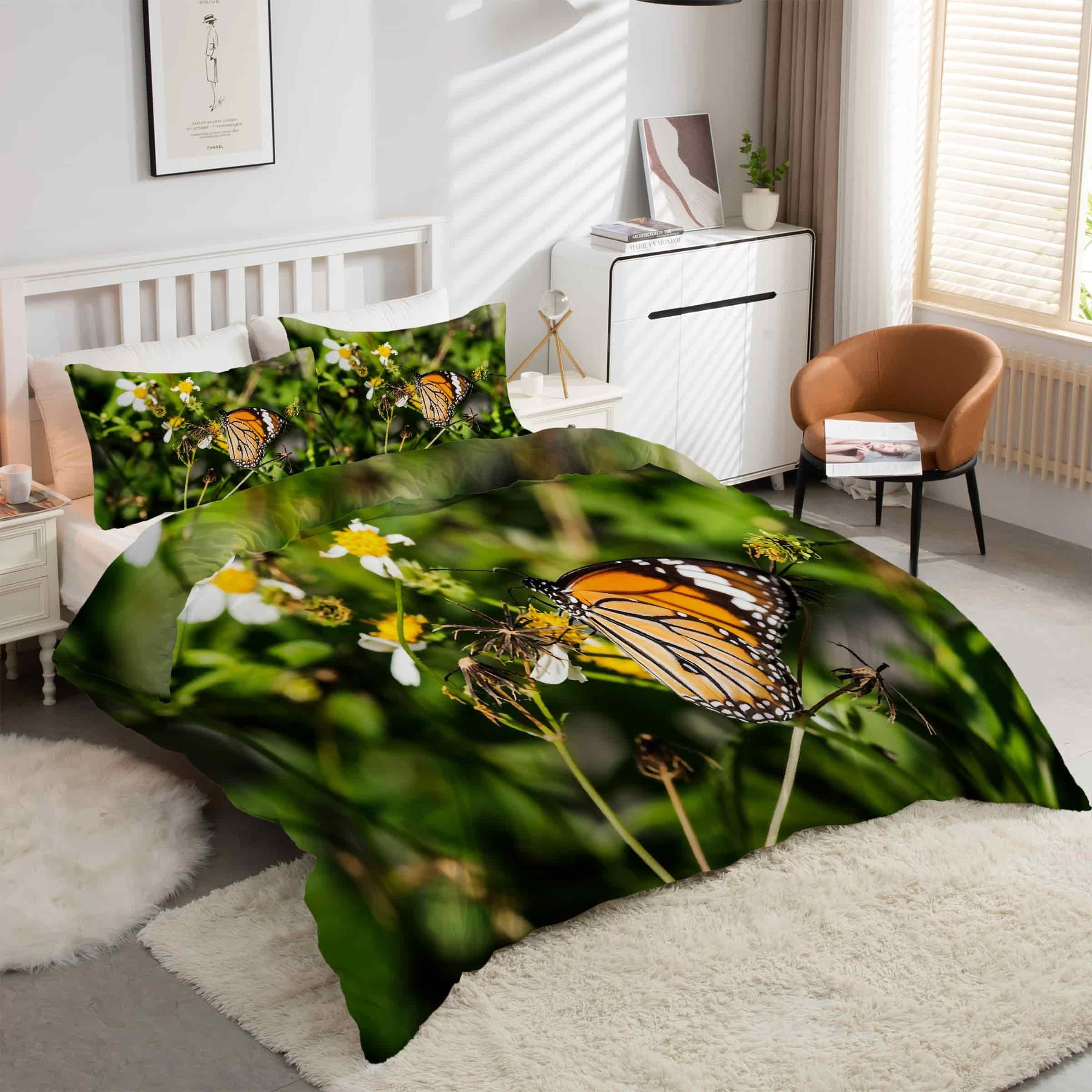 Housse de couette 200x200 fleurs et papillons en microfibre douce avec 2 taies kK1768