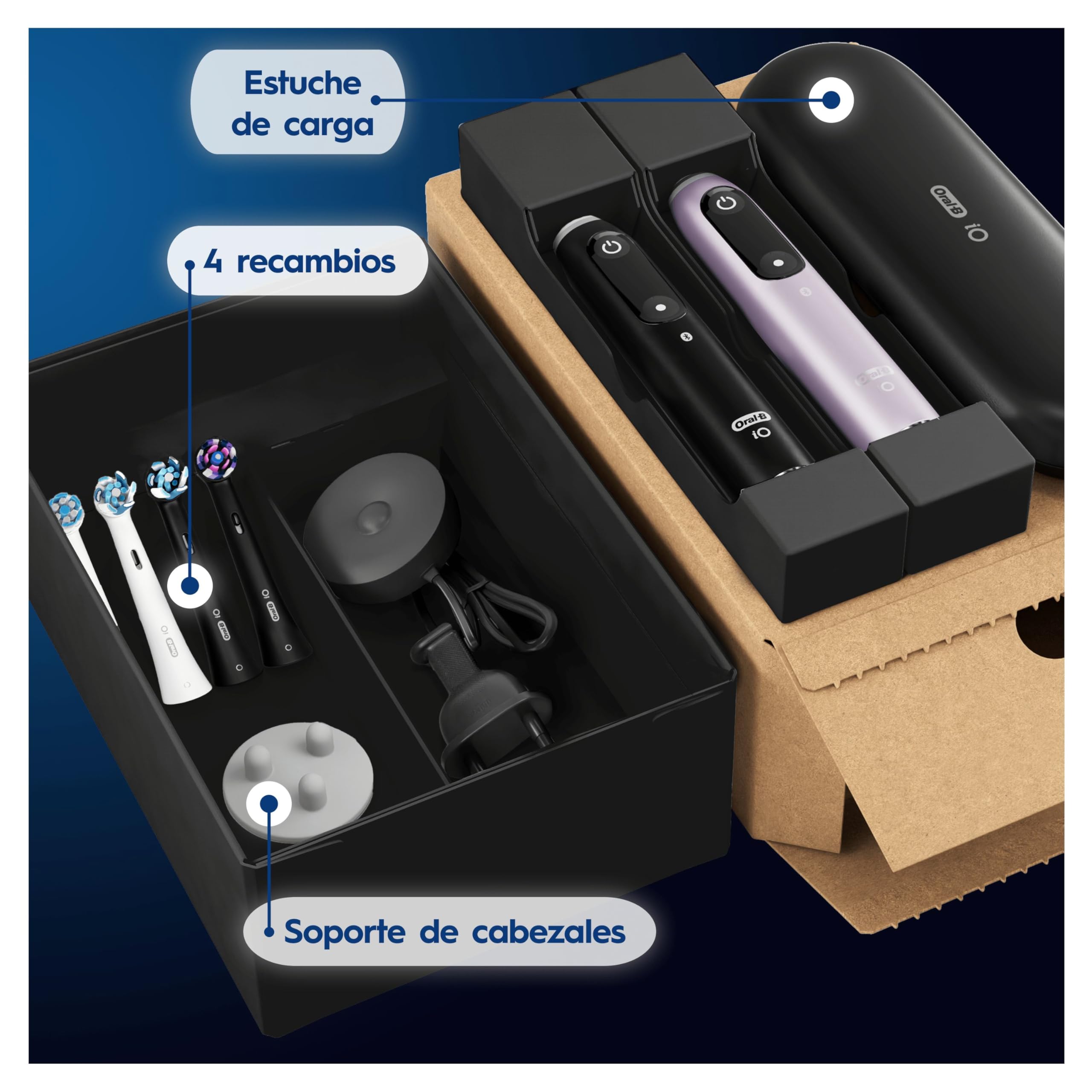 Oral-B iO 9 Cepillos de Dientes Eléctricos, 4 Cabezales, Negro y Rosa, Pack de 2-1 Estuche Cargador de Viaje, 7 Modos de Cepillado con Blanqueamiento Dental, Sensor de Presión, Carga Rápida