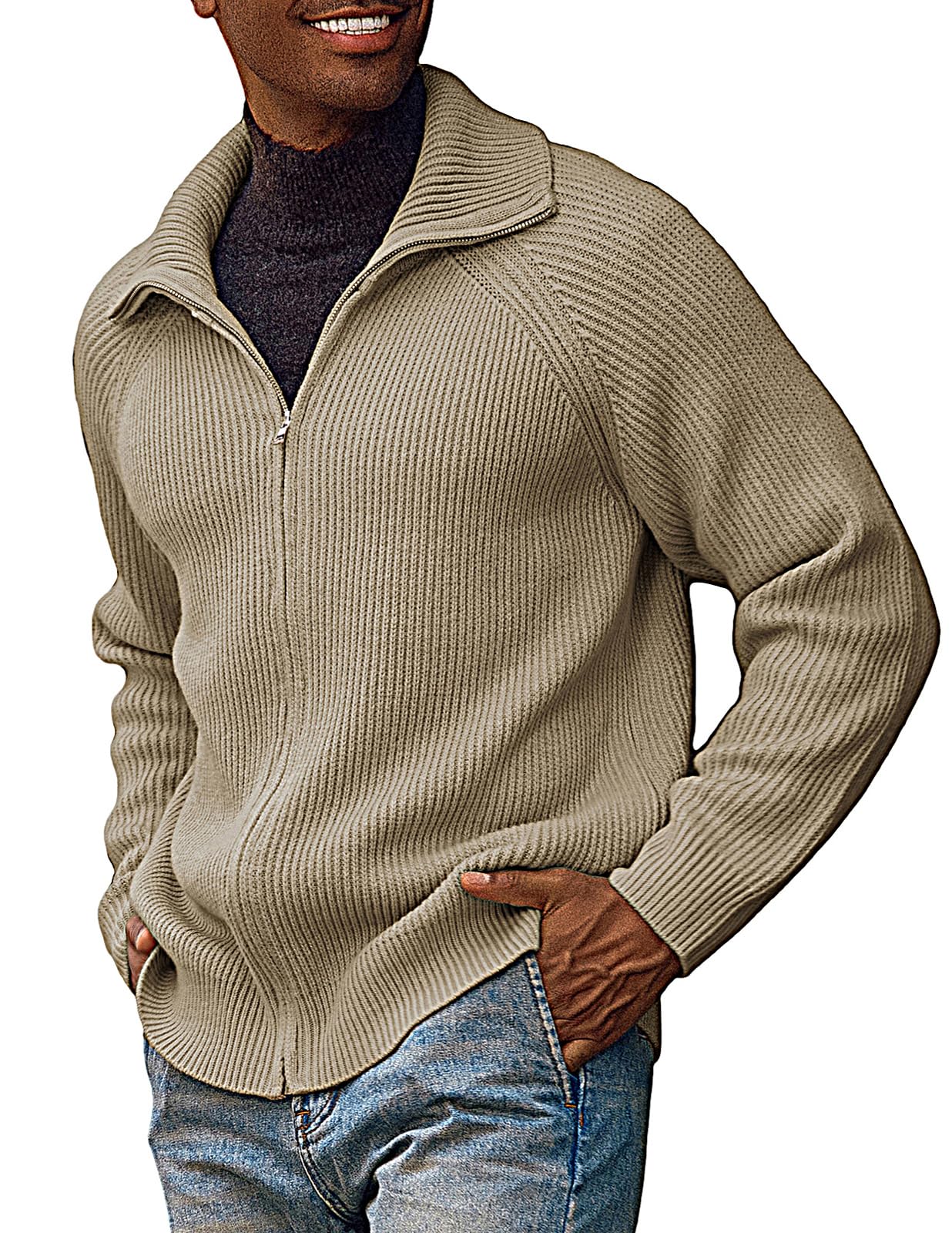PJ PAUL JONESMen's Full Zip Cardigan Sweaters Unisex Relax Fit Lapel Collar Raglan Sleeve Casual Ribbed Sweater
