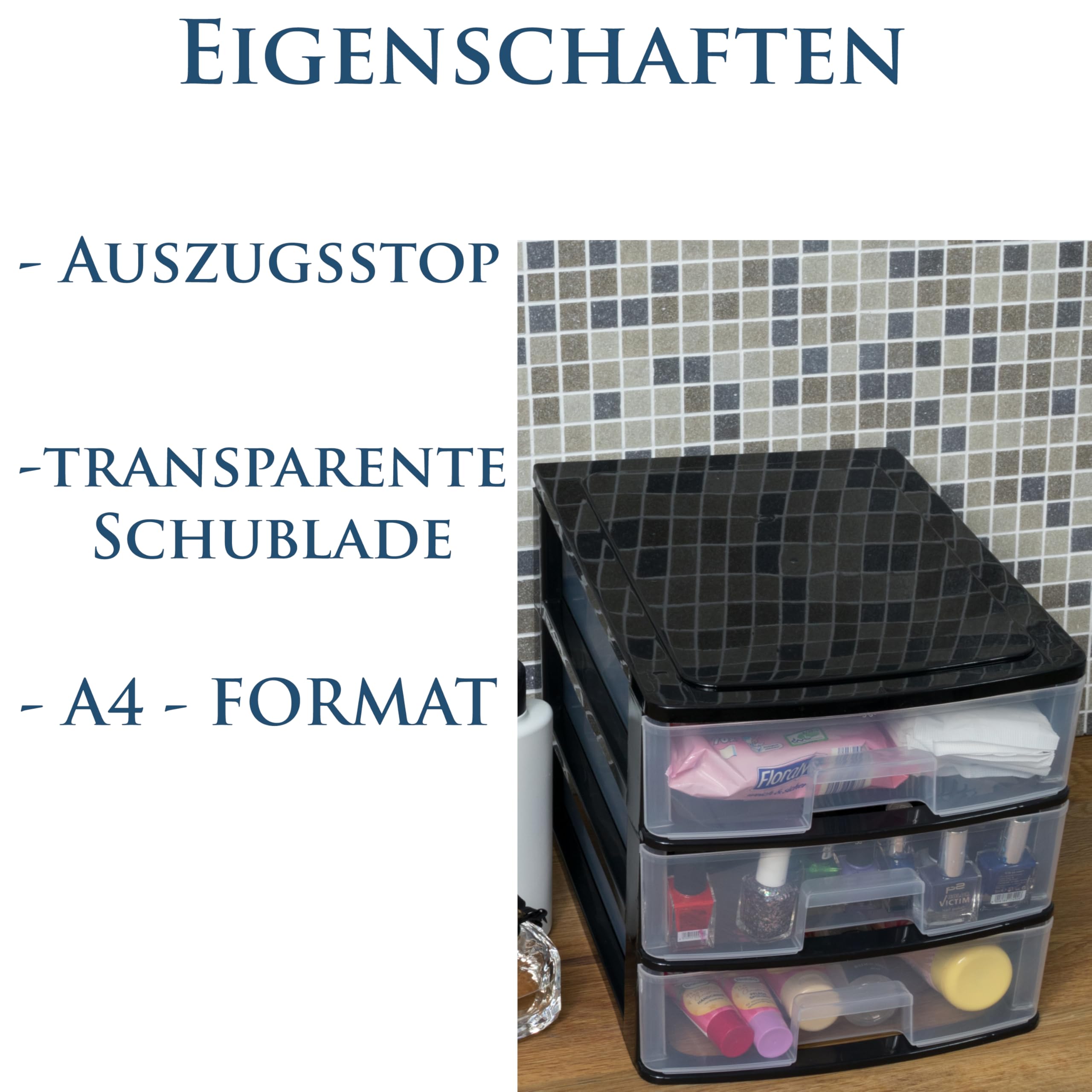 Schubladenbox DIN A4 mit 4 Schubladen 35,5x26,5x35 cm - schwarz-transparent Kunststoff Drawer Tower Box Organizer für Schreibtisch Easy-Pull-System