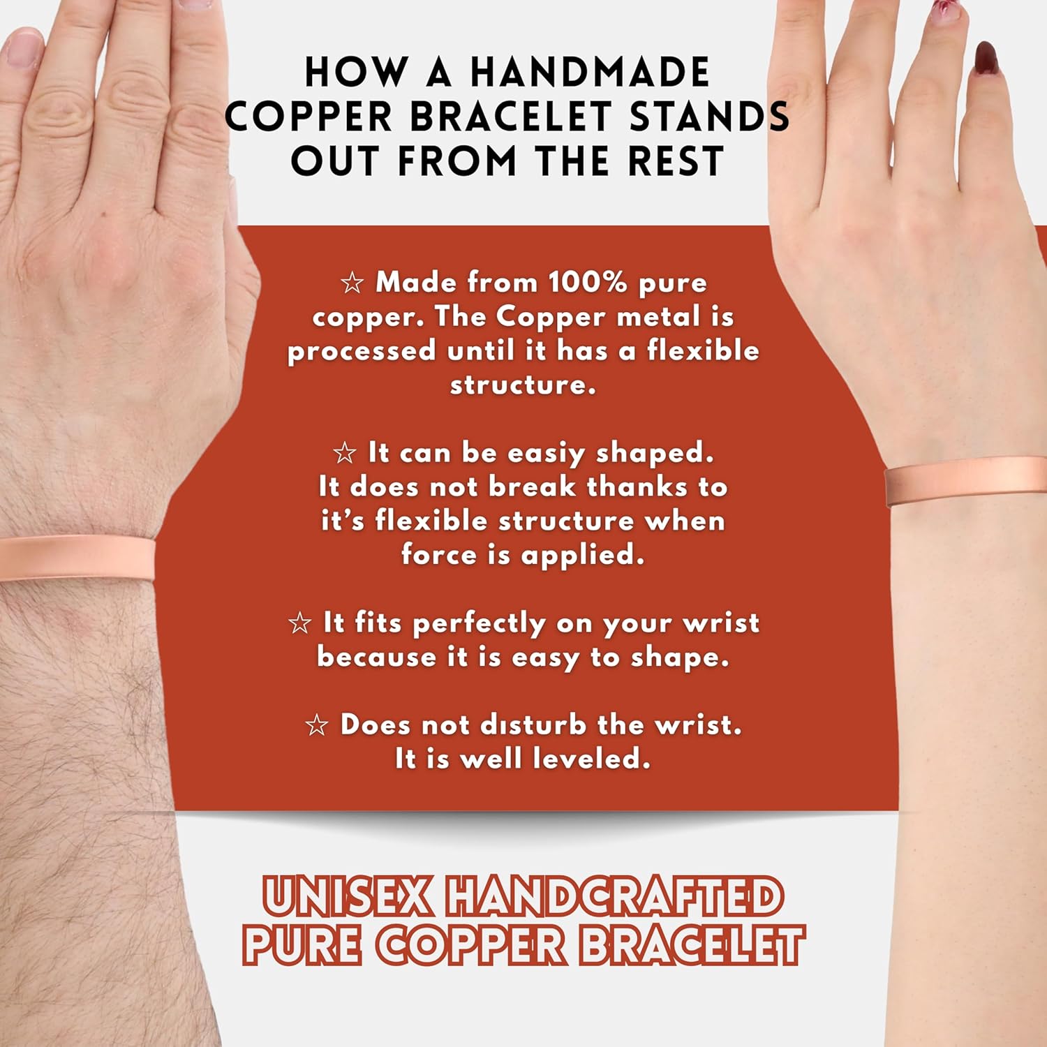 Handmade Pure Copper Bracelet for Women and Men - Thickest Copper Bracelet for Pain Relief and Stress Relief - Adjustable Carved Copper Bracelets to Fit many Size Wrist -The most ideal thickness, with a thickness of 2 mm, easy to shape. (Plain) - Image 4