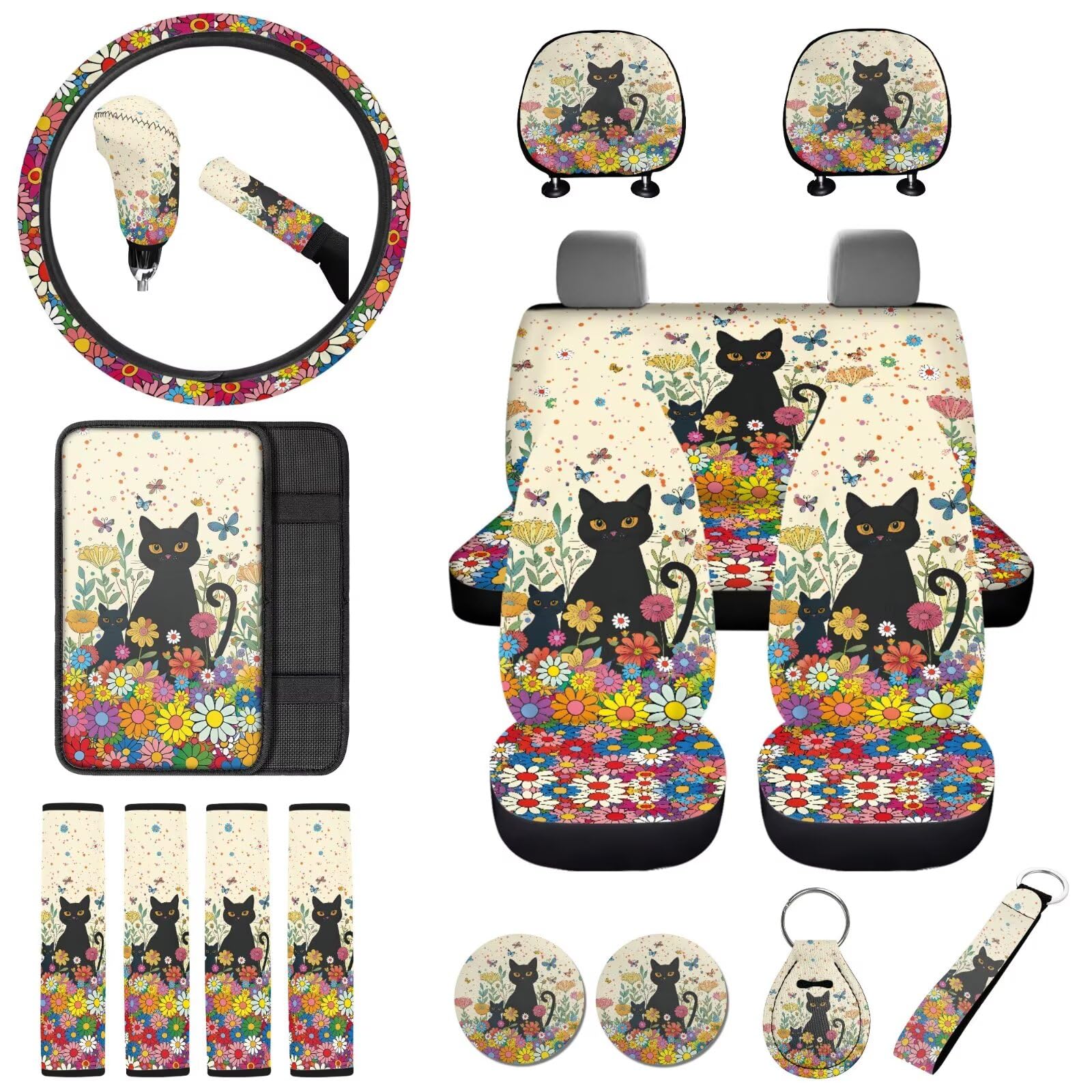 Set completo di coprisedili per auto, 18 pezzi, con stampa di margherite e gatti, include coprisedili per auto, poggiatesta, coprivolante, cintura di sicurezza, cuscinetto per console