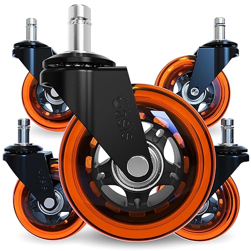 The Office Oasis Original Roller Style Office Chair Wheels (As Seen On PBS) - Smooth & Quiet Casters - Safe for Hardwood Floors & Carpet - Easy Install with Universal Fit - Set of 5 - Orange - Orange