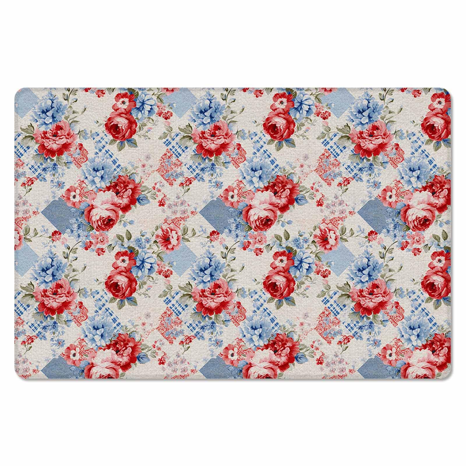 Retro Spring Flower Antifatigue Kitchen Bath Door Mat Cushioned Runner Rug,Washable Welcome Floor Sink Mat,Waterproof & Non-Slip Kitchen Standing Doormat,4th of July Rustic Red Blue Botanical 20