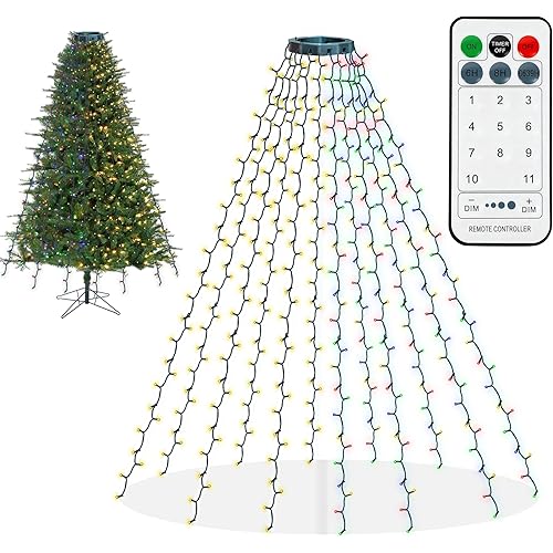 Dazzle Bright Christmas Tree Lights, 448 LED Waterfall Tree Topper Lights with Remote & 11 Modes, 8.2FT X 16 Lines Christmas Light for Indoor Outdoor Party Xmas Decoration, Warm White & Multi-Colored