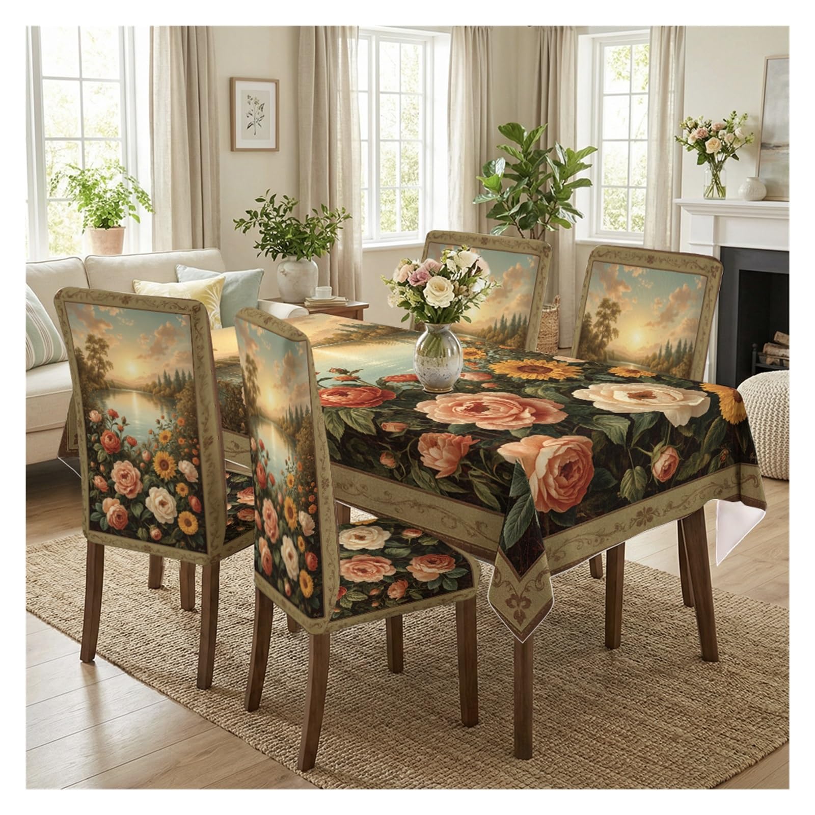 KXUAUV Vintage Landscape & Floral Print Stretch Dining Chair Covers & Tablecloth Set, 5/7 Pack Party Decor(5pcs Set: Tablecloth+Chair Covers)