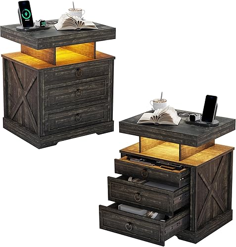 Miniatura 12 de Juego de 2 mesitas de noche con cajón para pistola para sala de estar, moderna mesita de noche con estación de carga inalámbrica para dormitorio 2
