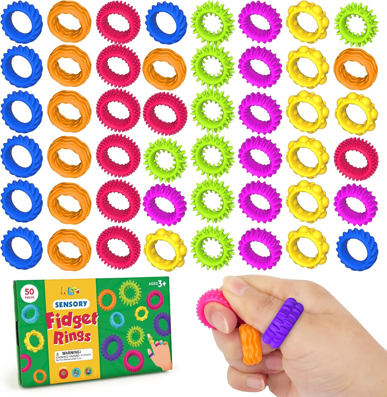 Kids Sensory Toys Fidget Rings: 50 Pack Textured Bulk Sensory Rings Stress Toys for Kids with Autism Calming – Small Fidgets for Students Classroom Prize Party Favors