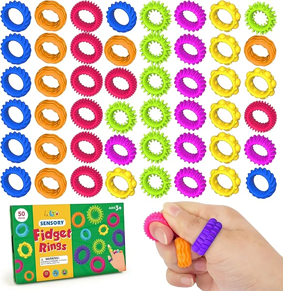 Fidget Toys Sensory Rings for Kids: 50 Pack Textured Fidget Rings Bulk - Sensory Toys for Autism Calming - Quiet Classroom Prizes Treasure Box Stocking Stuffers