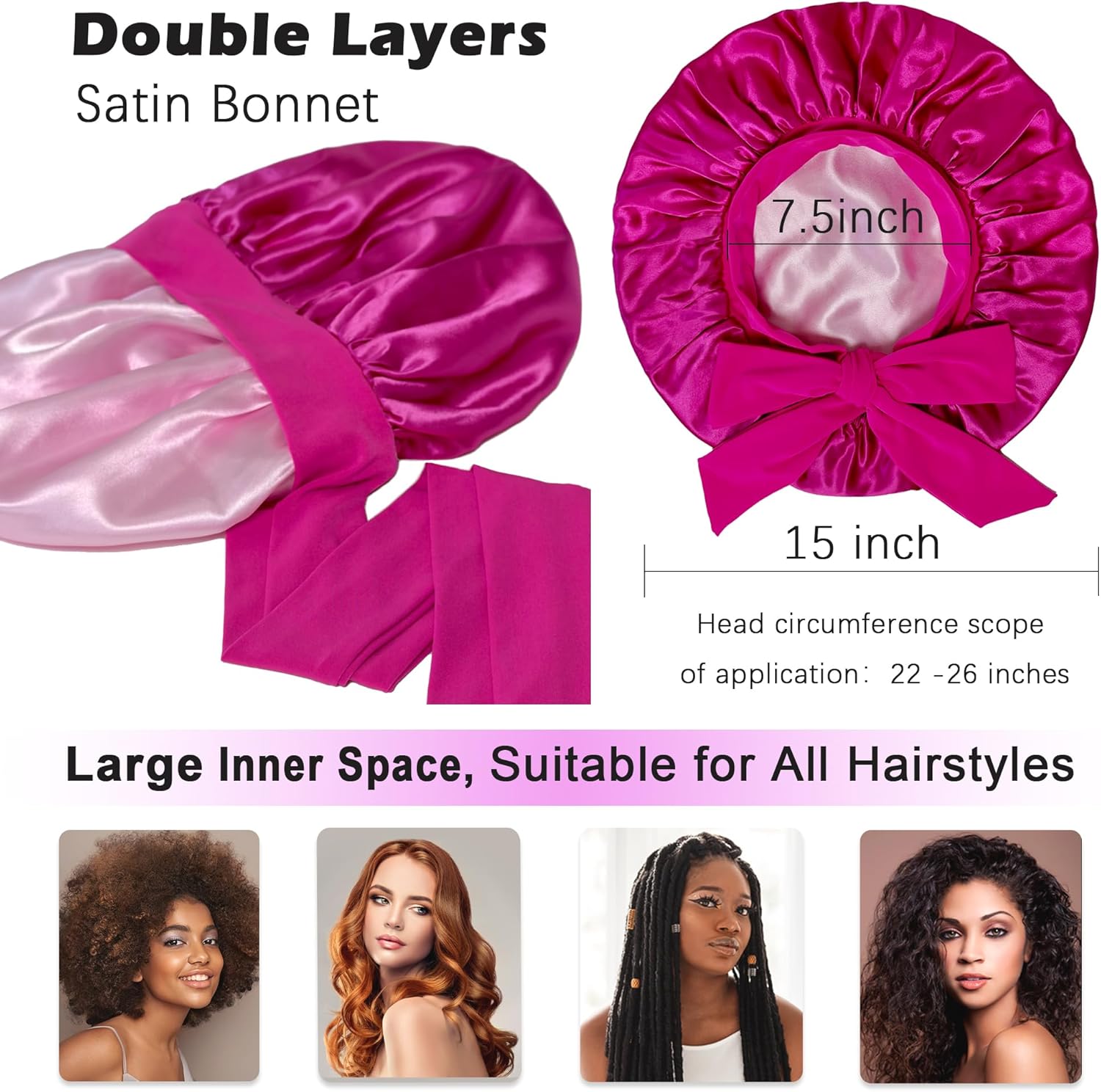 Satin Bonnet with Tie Band,Silk Hair Bonnet for Sleeping Women,Bonnets for Women,Double Layer Sleep Cap for Braids Curly Hair - Image 3