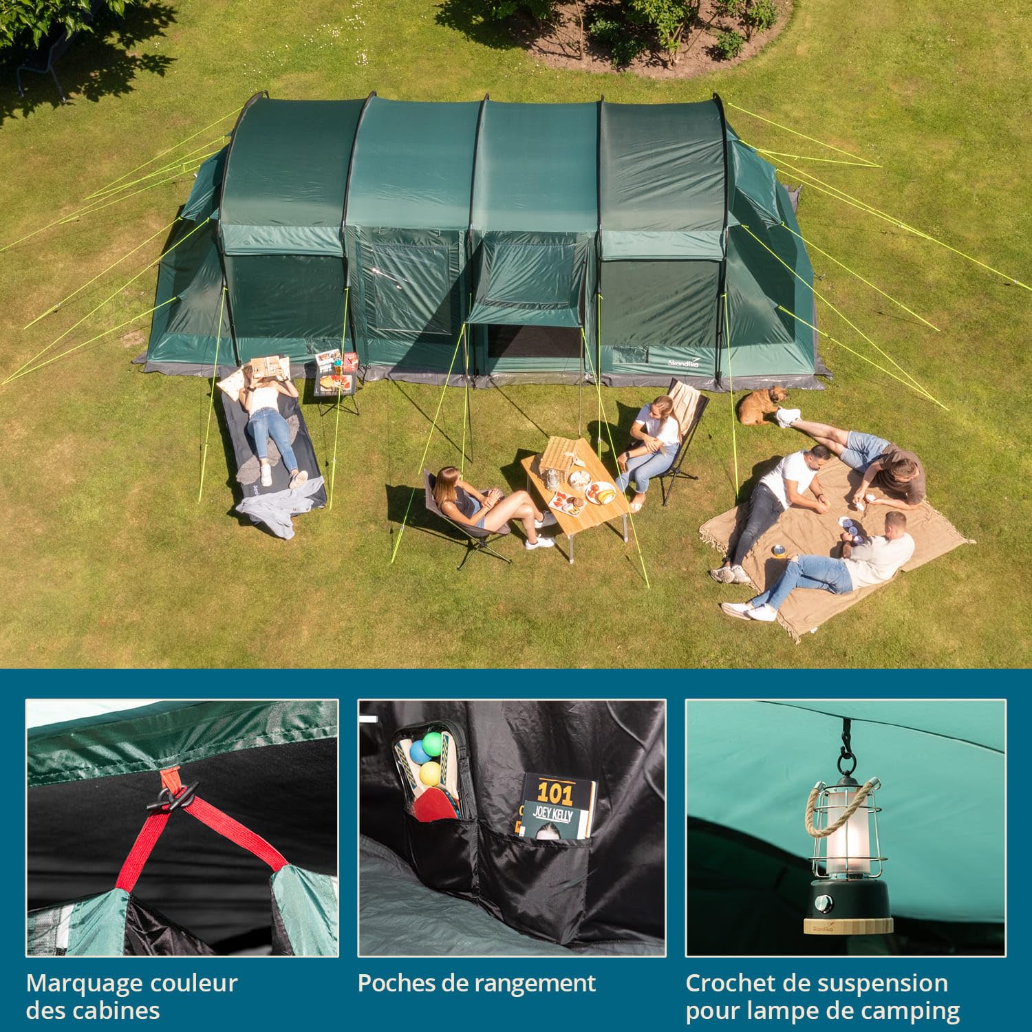 Tente Tunnel Familiale Skandika Montana 8 - 8 Personnes, 4 Cabines, Verte - NEUF