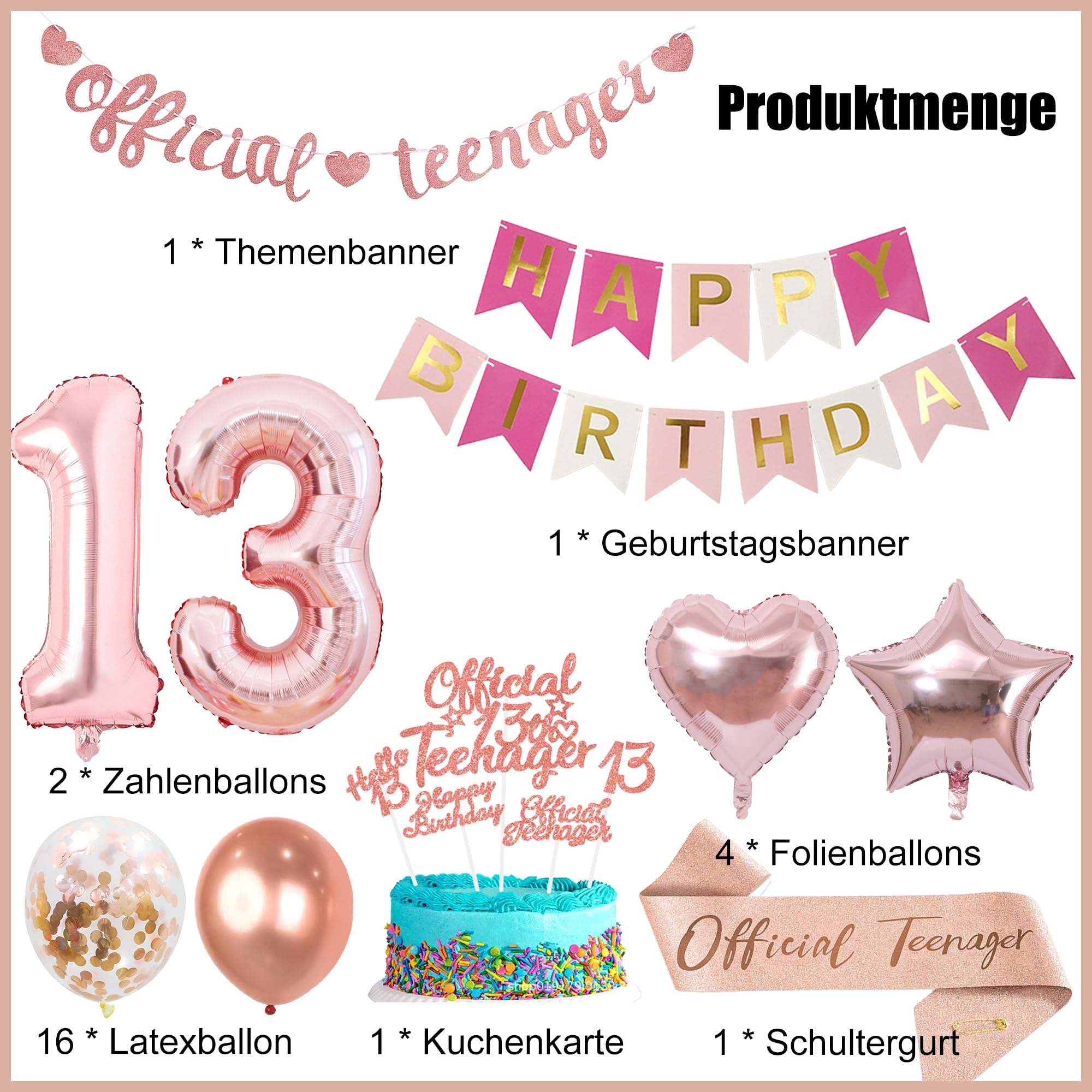 13. Geburtstag Deko-Set – Banner, Girlande, Folienballons, Glitzer, Für Mädchen, Teenager