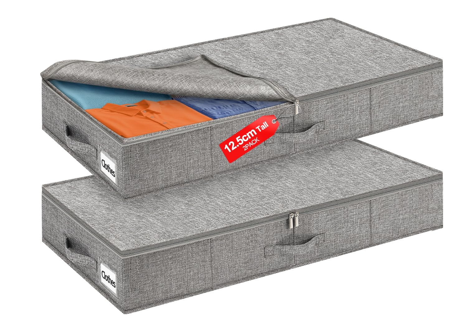 Huquter 40L 12 cm Tall Shallow Under Bed & Sofa Storage Boxes with Zipped Lids, Slim Underbed Organisers w/Sturdy Sides and Base, Thin Fabric Storage for Clothes, Duvets and Bedding, 2 Pack, Grey