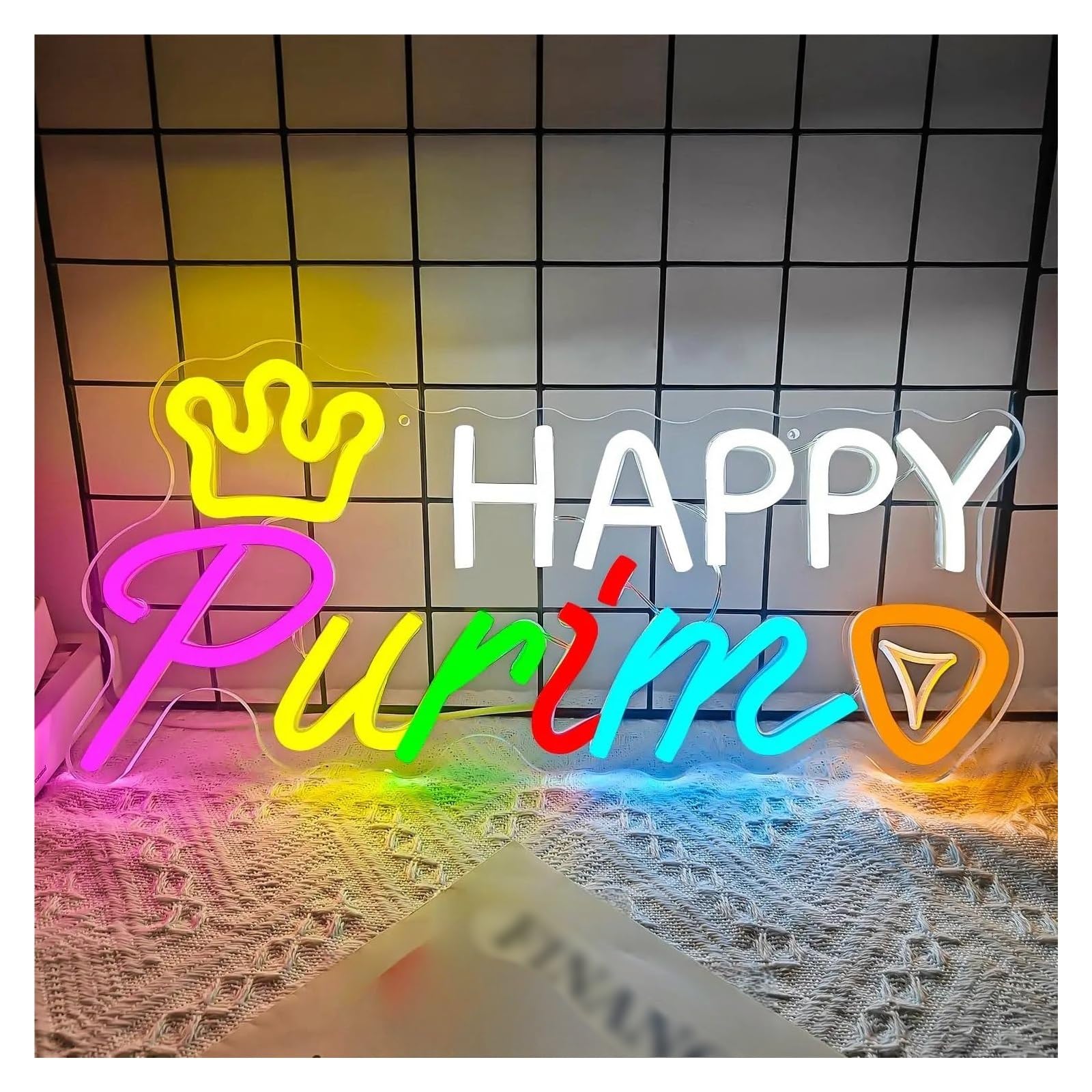 LEMST Signs Lamp Happy Purim Neon Sign Hanging Lights for Wall Decor USB Dimmable Jewish Carnival Festival Celebration Party for Kids