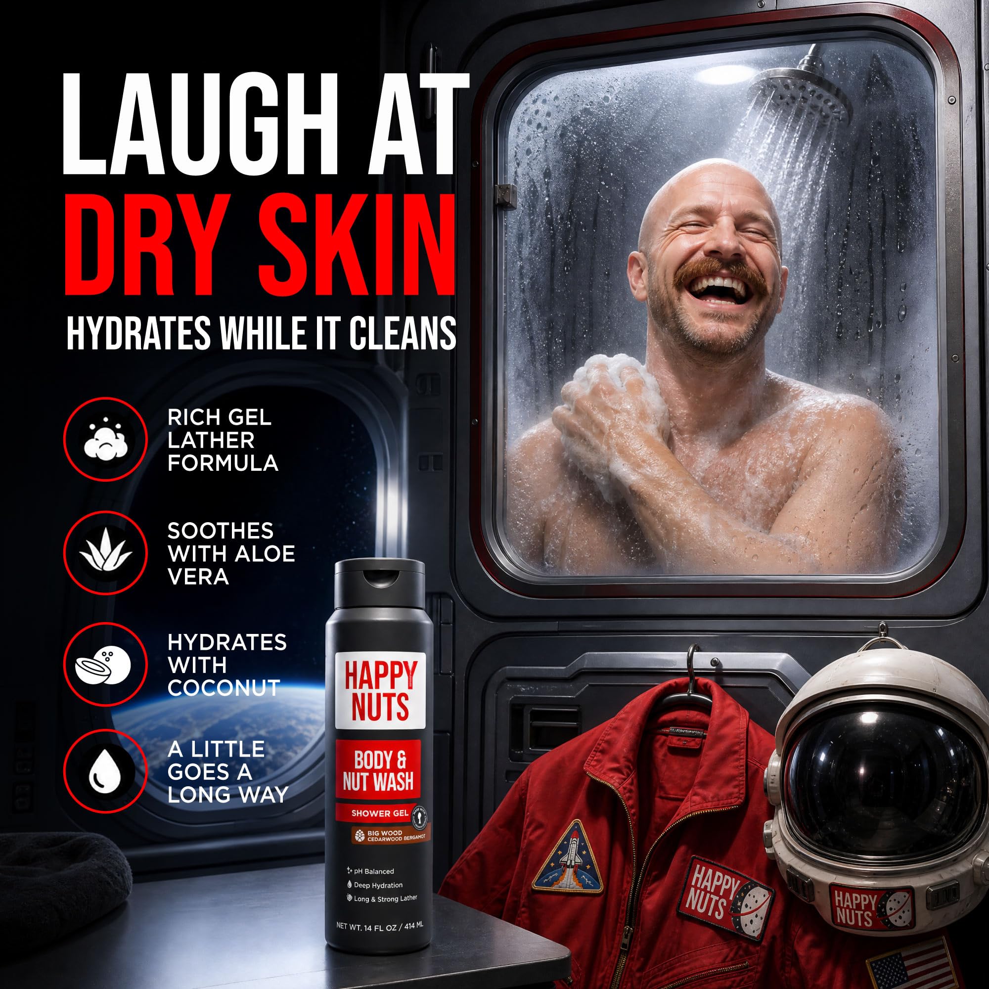 HAPPY NUTS Nut and Body Wash for Men – Sandalwood – Natural Men's Shower Gel – Body Wash