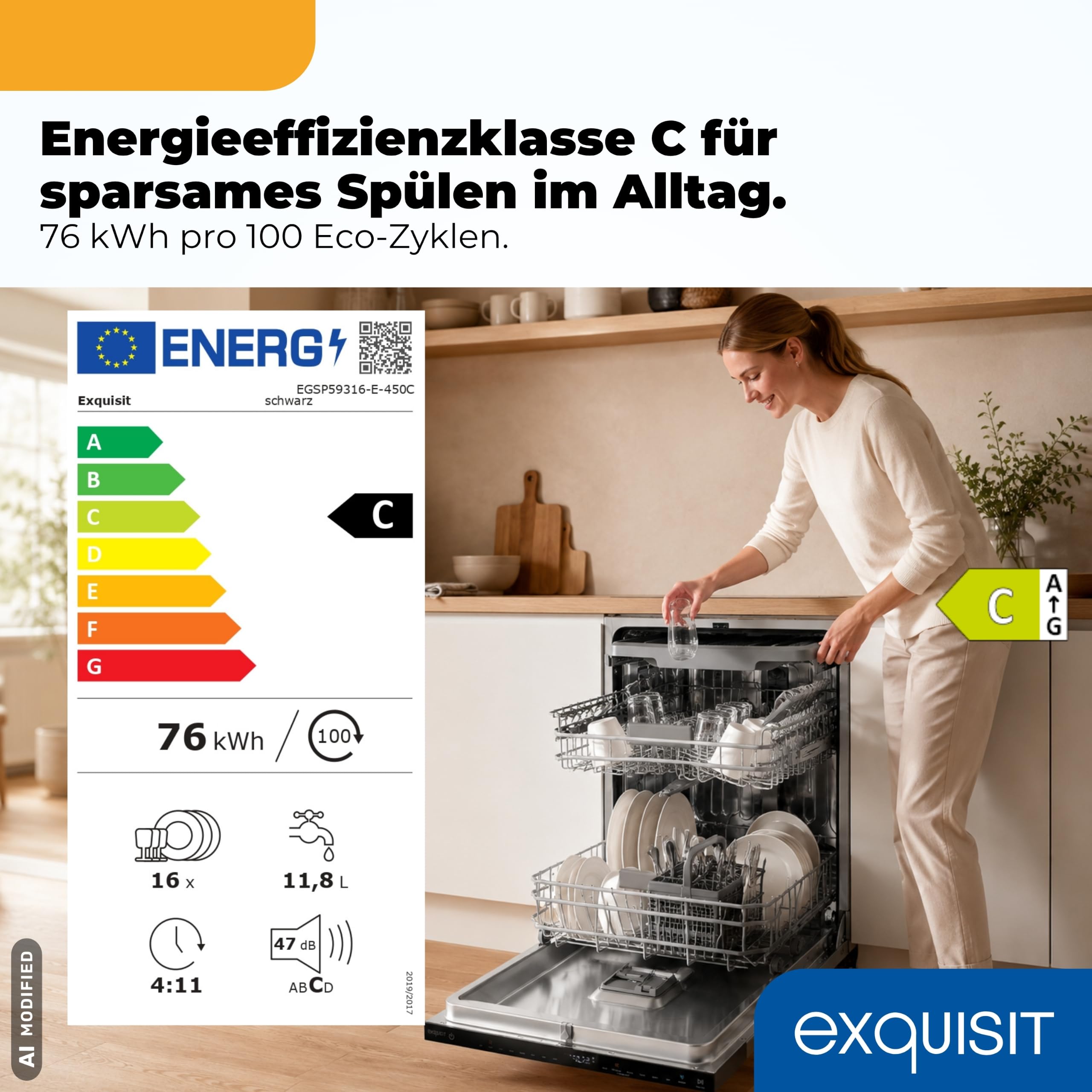 Exquisit Vollintegrierbarer Geschirrspüler 16 Maßgedecke | Energieklasse C | 8 Programme | Eco, Intensiv & Glas | Aquastop | Besteckschublade | Extra-Trocknung | Startzeitvorwahl | LED-Fußbodenanzeige