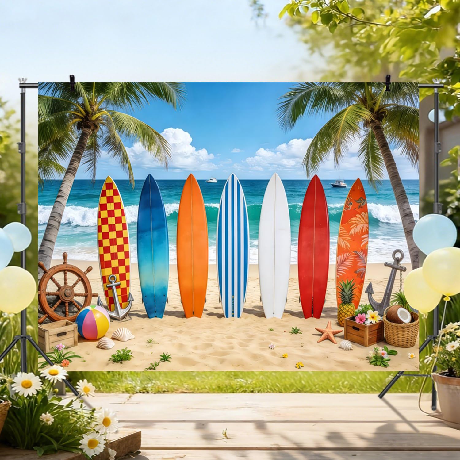 Tavola da surf tropicale spiaggia sfondo fotografico 3 x 2,4 m, sfondo estivo colorato tavola da surf palma, hawaiano Aloha vacanze decorazioni per feste di compleanno banner foto puntelli