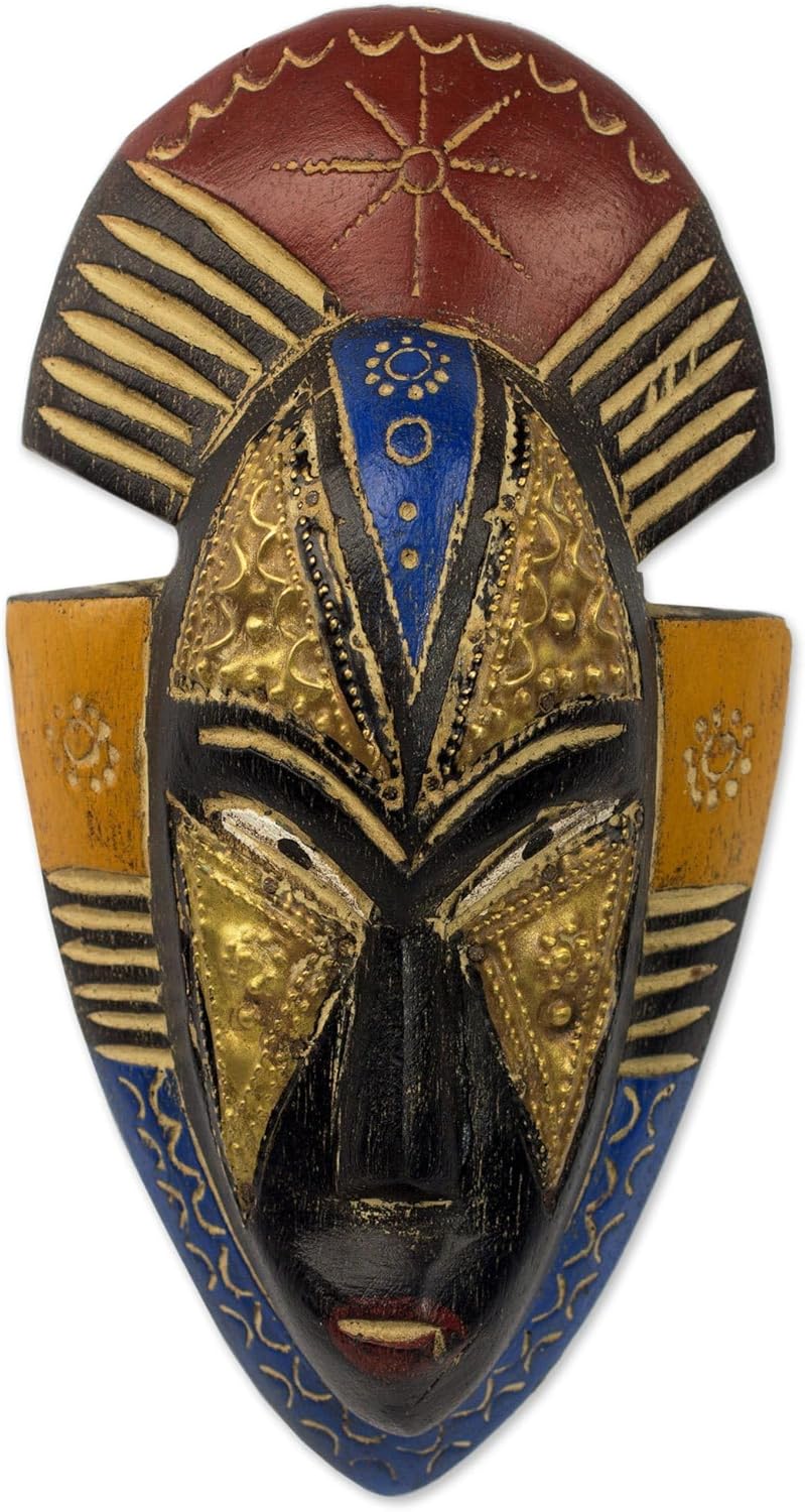 NOVICA Artisan Handmade African Wood Mask Sese Wall with Brass Accents Multicolor Brasswood 'Opeyemi'