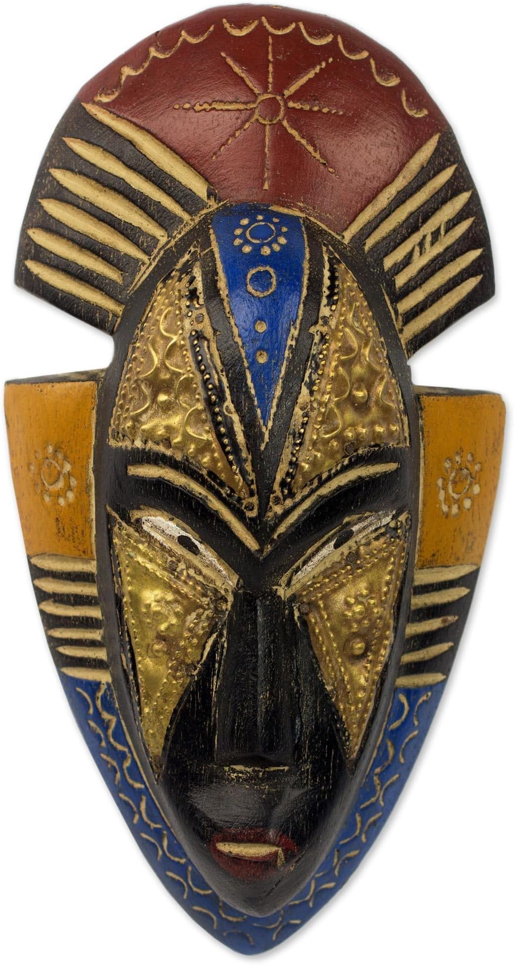 NOVICA Artisan Handmade African Wood Mask Sese Wall with Brass Accents Multicolor Brasswood 'Opeyemi'