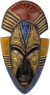 NOVICA Artisan Handmade African Wood Mask Sese Wall with Brass Accents M...