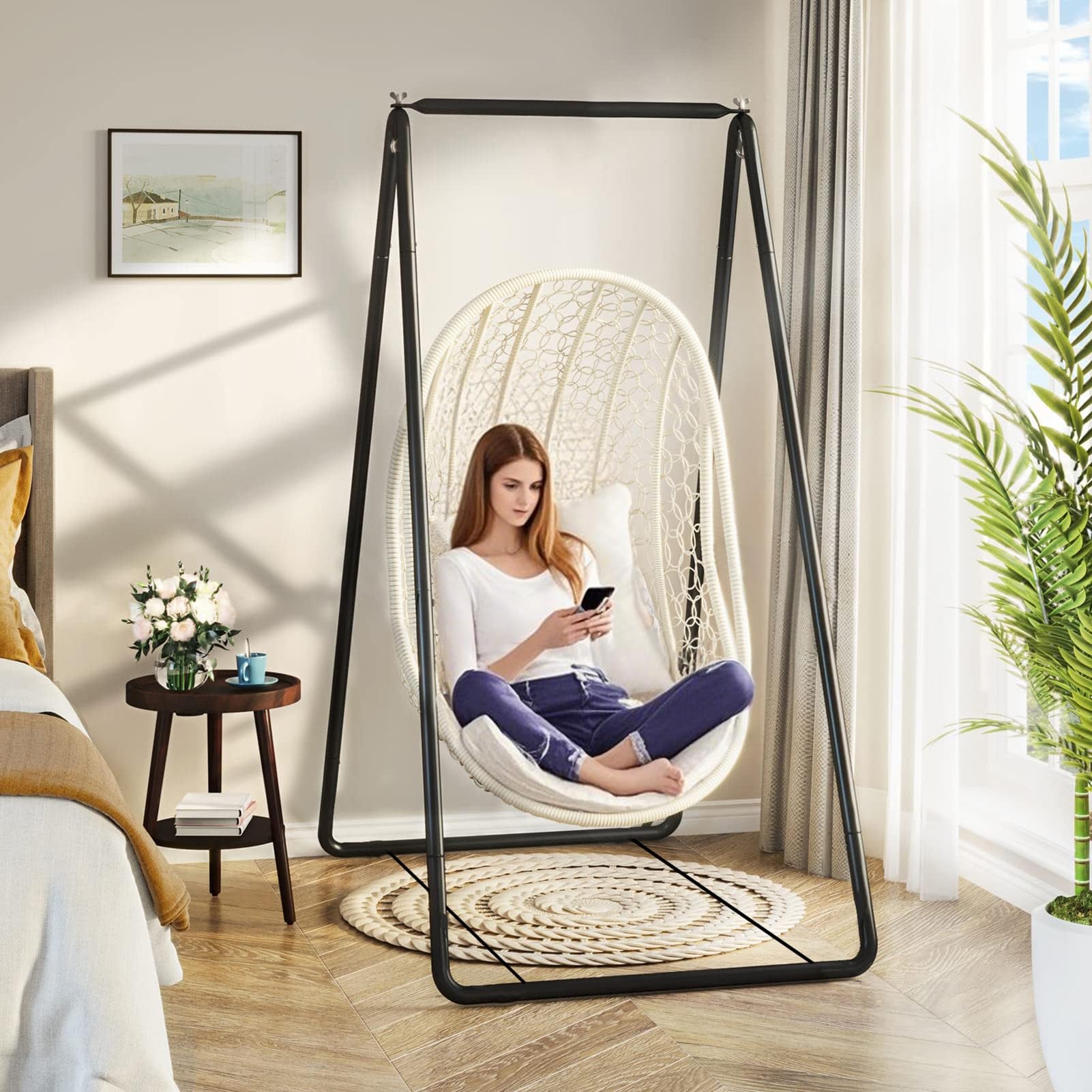 Hängesesselständer, Schaukelgestell Outdoor mit A-Form Design, Robustes Stahl Gestell für Hängematten bis 100kg, rutschfeste Gummifüße, Platzsparendes Hängemattengestell Schwarz