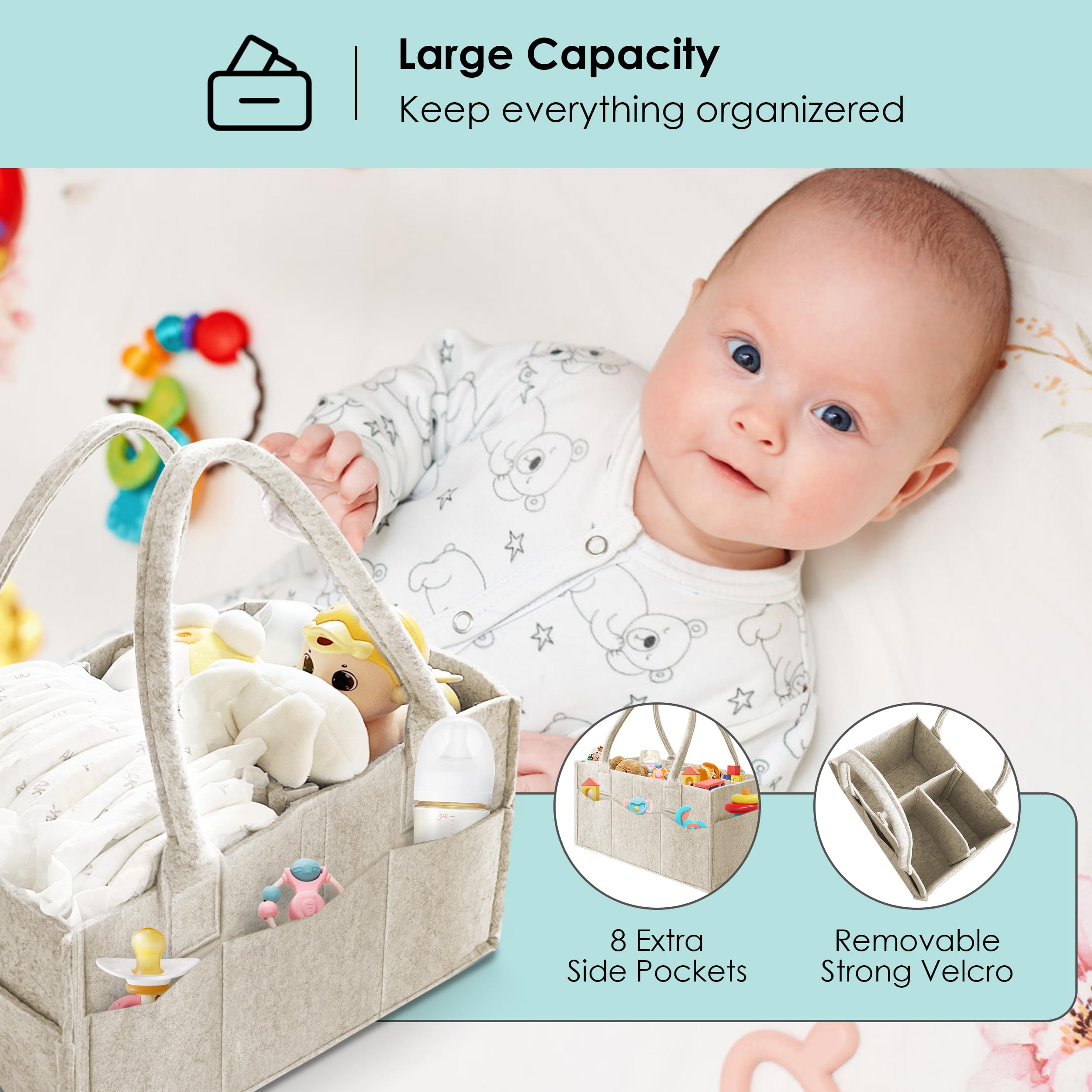 HIPHOP PANDA 2-Pack Diaper Caddy Organizer - Newborn Essentials Baby Registry Must Haves - Sturdy Nursery Storage Bin & Portable Car Caddy for Diapers & Wipes - Grey/Oatmeal Gift Set