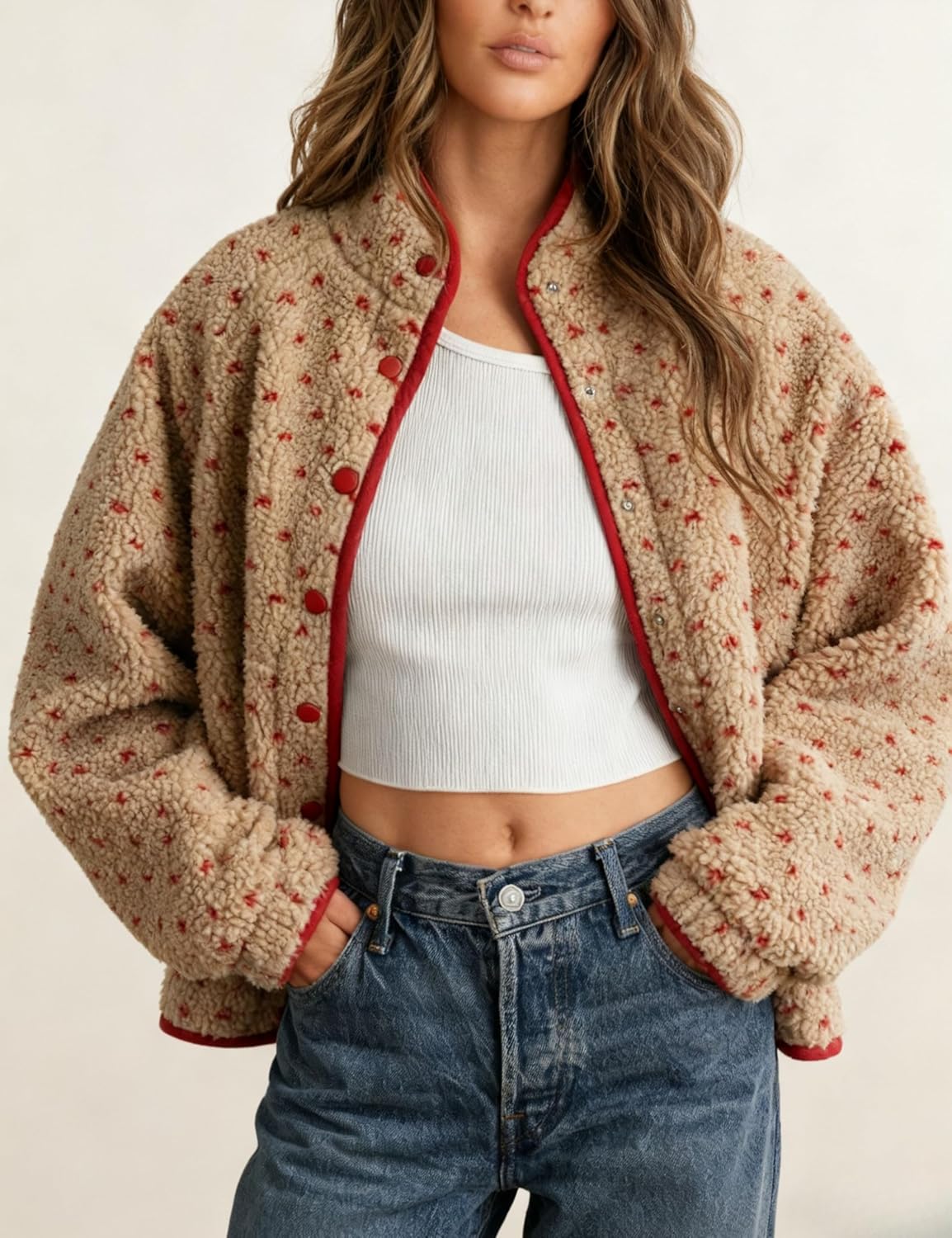 Women's Fleece Jacket Button Down Lapel Collar Sherpa Jackets Long Sleeve Contrast Quilted Outerwear - Image 2