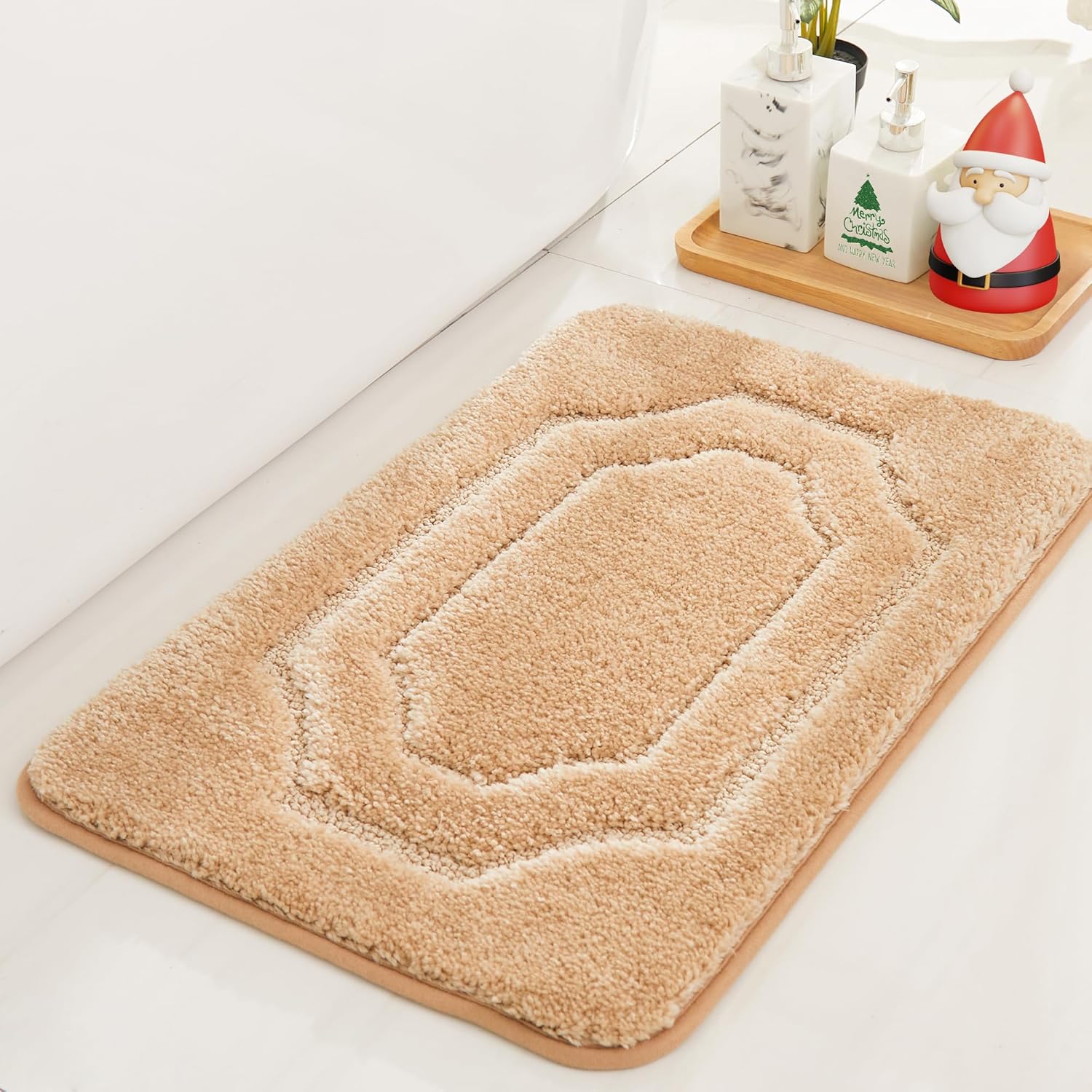 BEQHAUSE-Bathroom-Rug-Non-Slip-Bath-Mat-Soft and Absorbent Shower Mat Polyester Bath Mats for Bathroom Machine Washable Bath Rugs Beige Bathrooms Rug for Shower Sink Bathtub,16"x24"