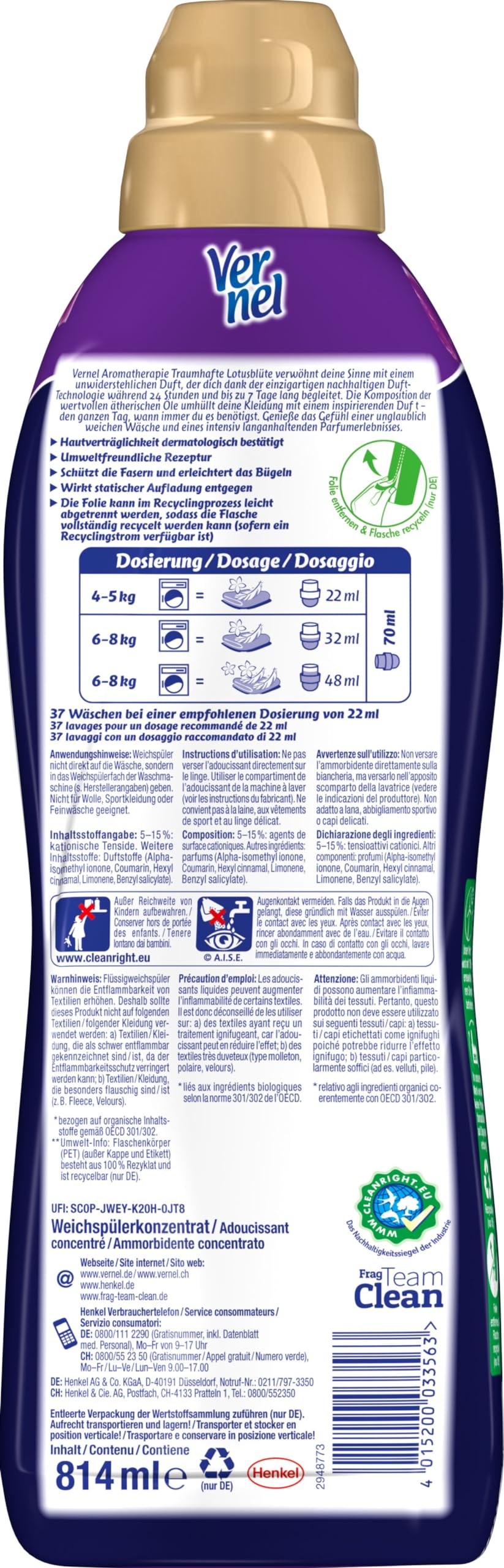 Vernel Aromatherapie Traumhafte Lotusblüte Weichspüler (12x37 Waschladungen), langanhaltender Wäscheduft mit ätherischen Ölen für 24/7 Frische, recycelbare Flasche