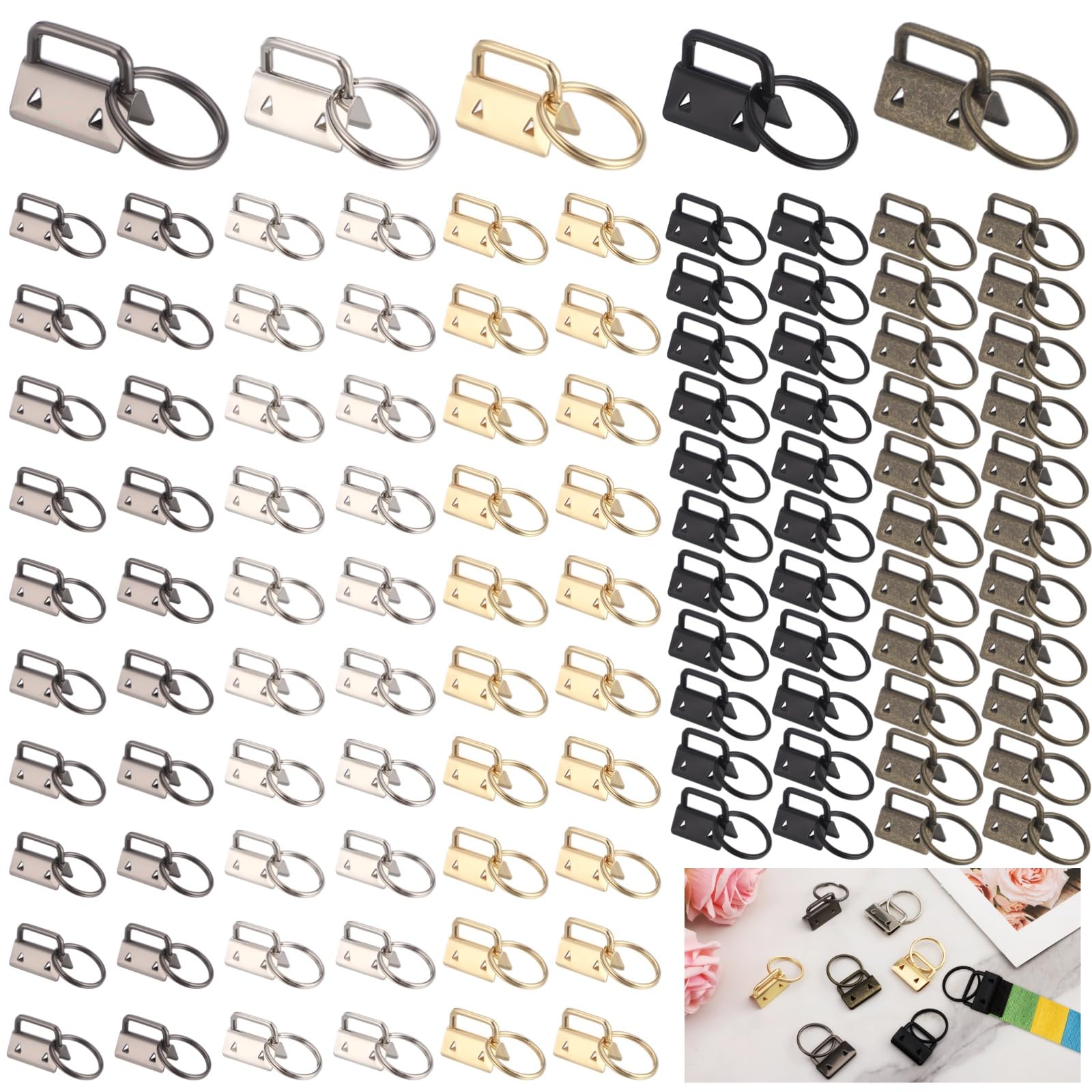 100 Stk. Keychain Fob Hardware Set, 1 Zoll Metall Tail Clips in 5 Farben mit Schlüsselringen, robuste Endbeschläge für Gurtband, DIY Bastelzubehör für Handgelenkriemen und Schlüsselanhänger