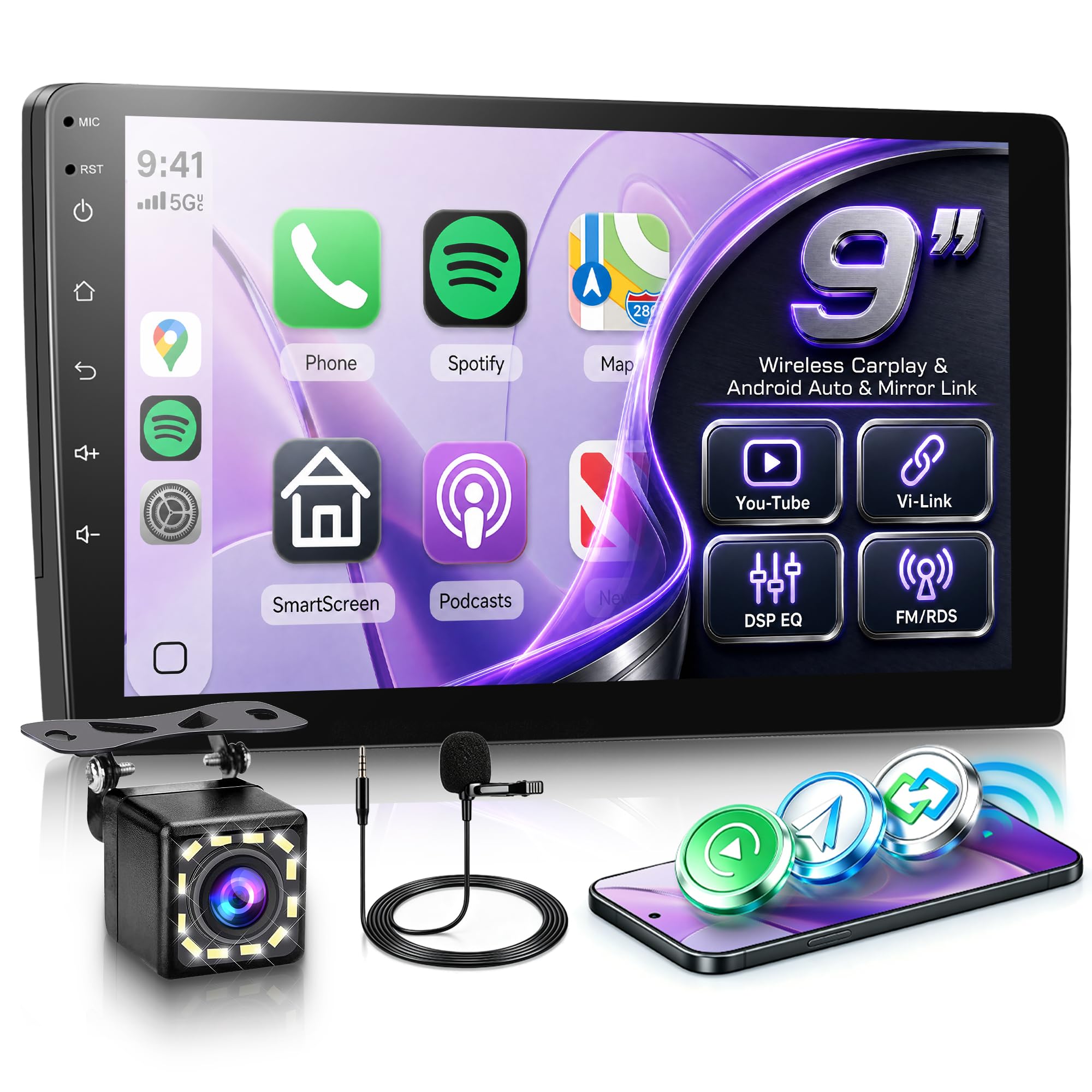 Rimoody Inalámbrico Carplay Radio de Coche 2 DIN con Android Auto You-Tube Vi-Link Bluetooth FM/RDS DSP EQ, 9 Pulgadas Pantalla Táctil Radio con Mirror Link USB/EQ Control del Volante Cámara Trasera