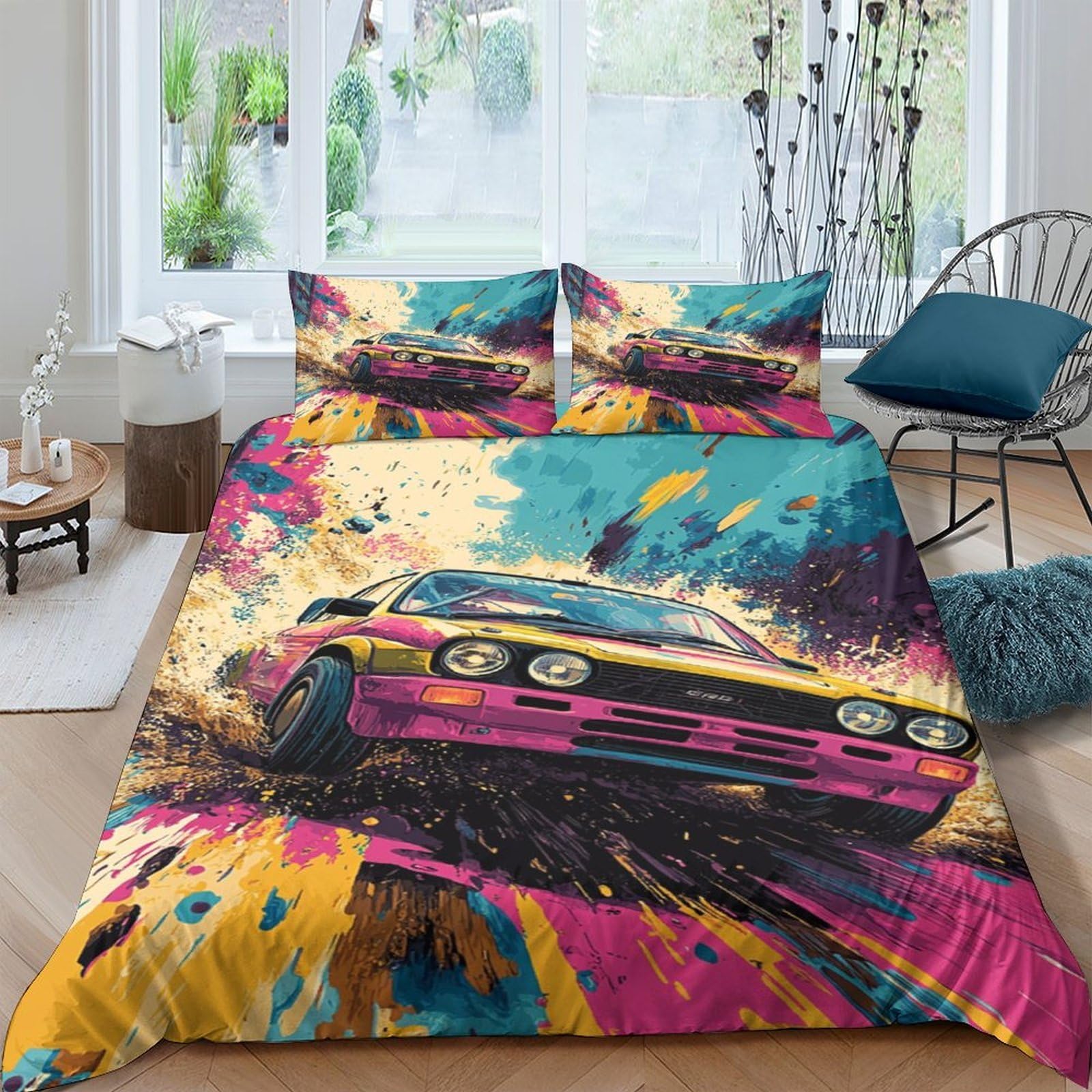 Ctjqhvkz Style-7 3D Printed Graffiti Car Fitted Sheet Microfiber Vibrant Art Bed Sheet For Bedroom Dorm Mattress Protection Decor Single（135X200cm）