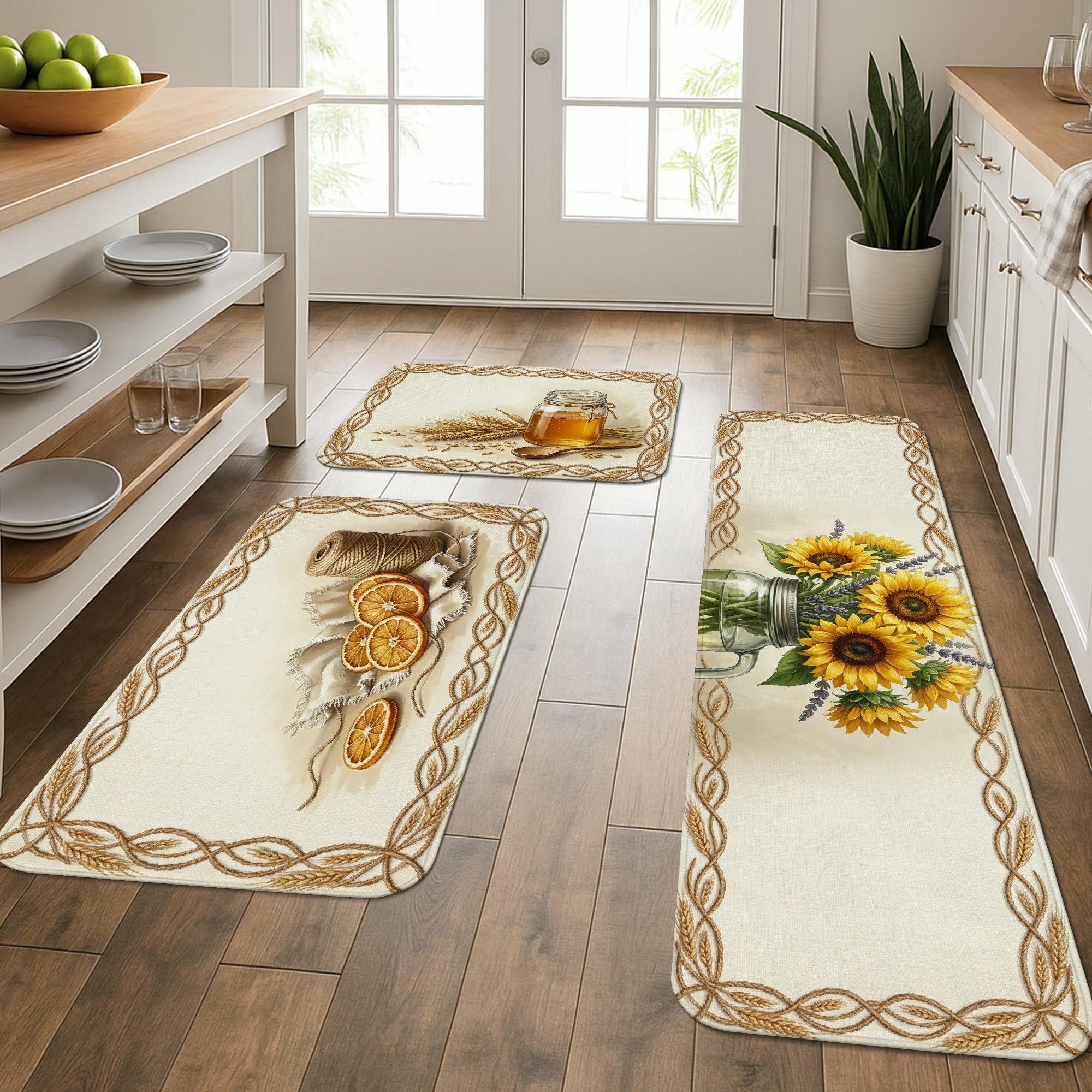Tapis de cuisine en paille naturelle jaune automne de style rustique haut de gamme