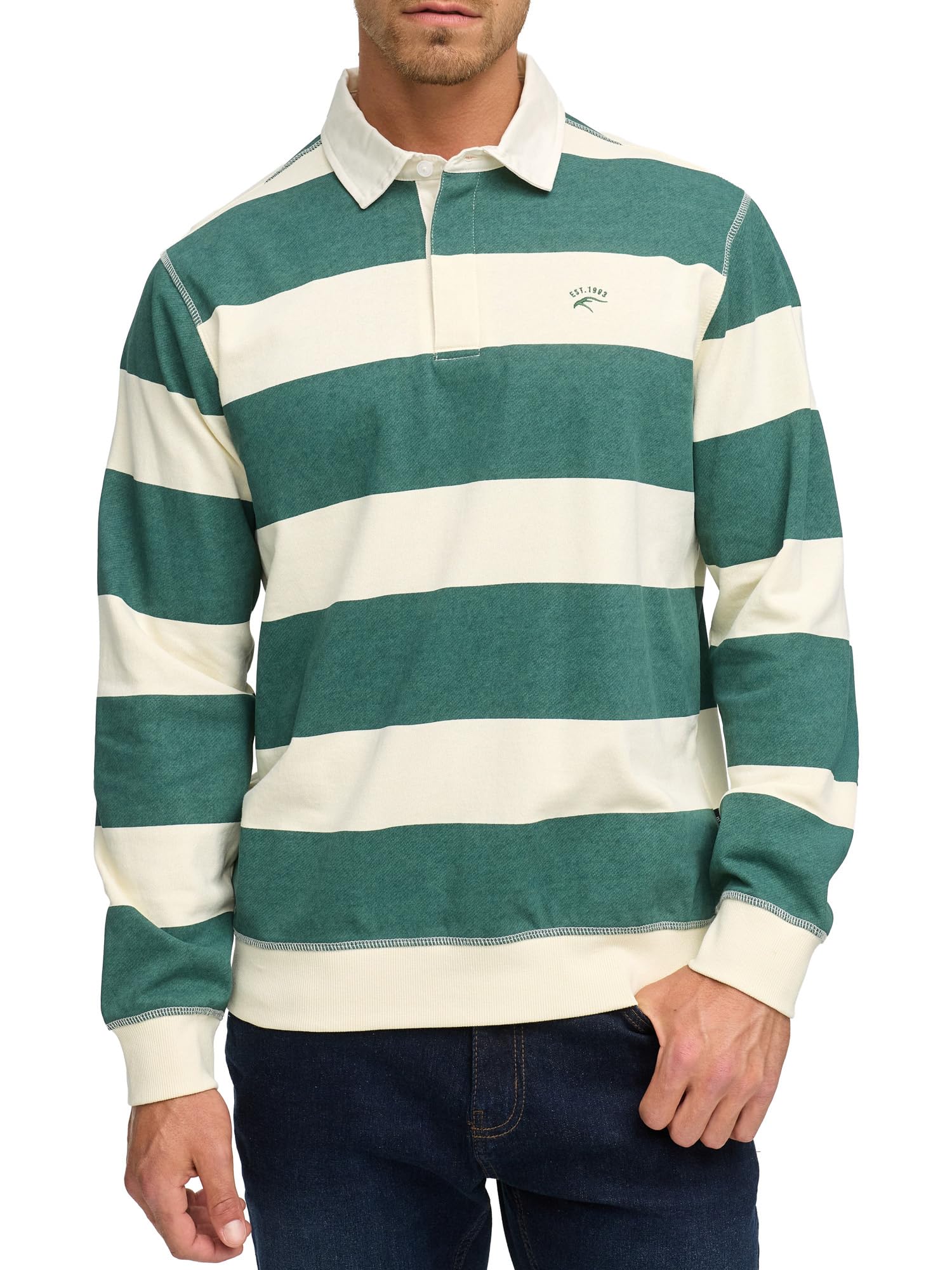 Indicode Maglietta a maniche lunghe da uomo INDinaro a righe in 100% cotone | colletto polo a righe per uomo