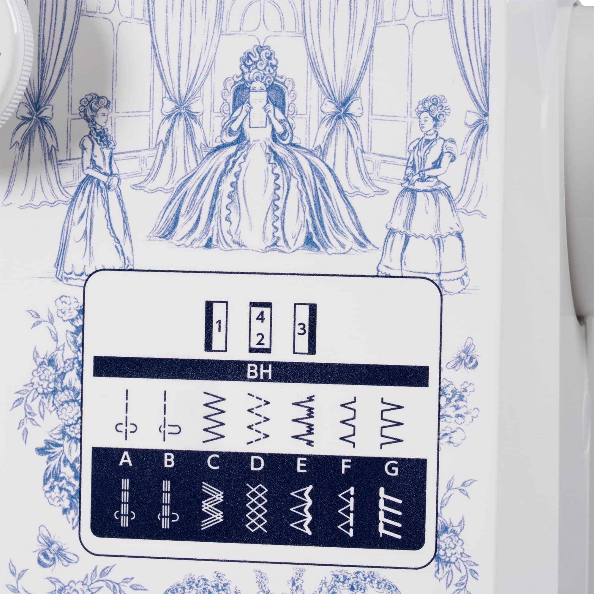 Janome Toile Romance - Máquina de coser de 15 puntadas fácil de usar con licencia oficial de la colección Bridgerton