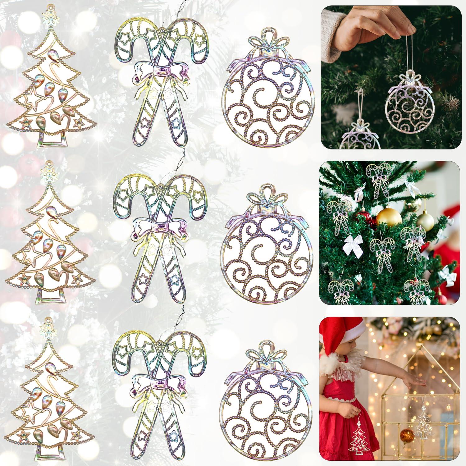 9PCs Christmas Tree Hanging Decoration, Iridescent Plastic Christmas Ornaments with Hanging Thread for Xmas Tree Decor, Beautiful Ornaments for Holiday Decoration